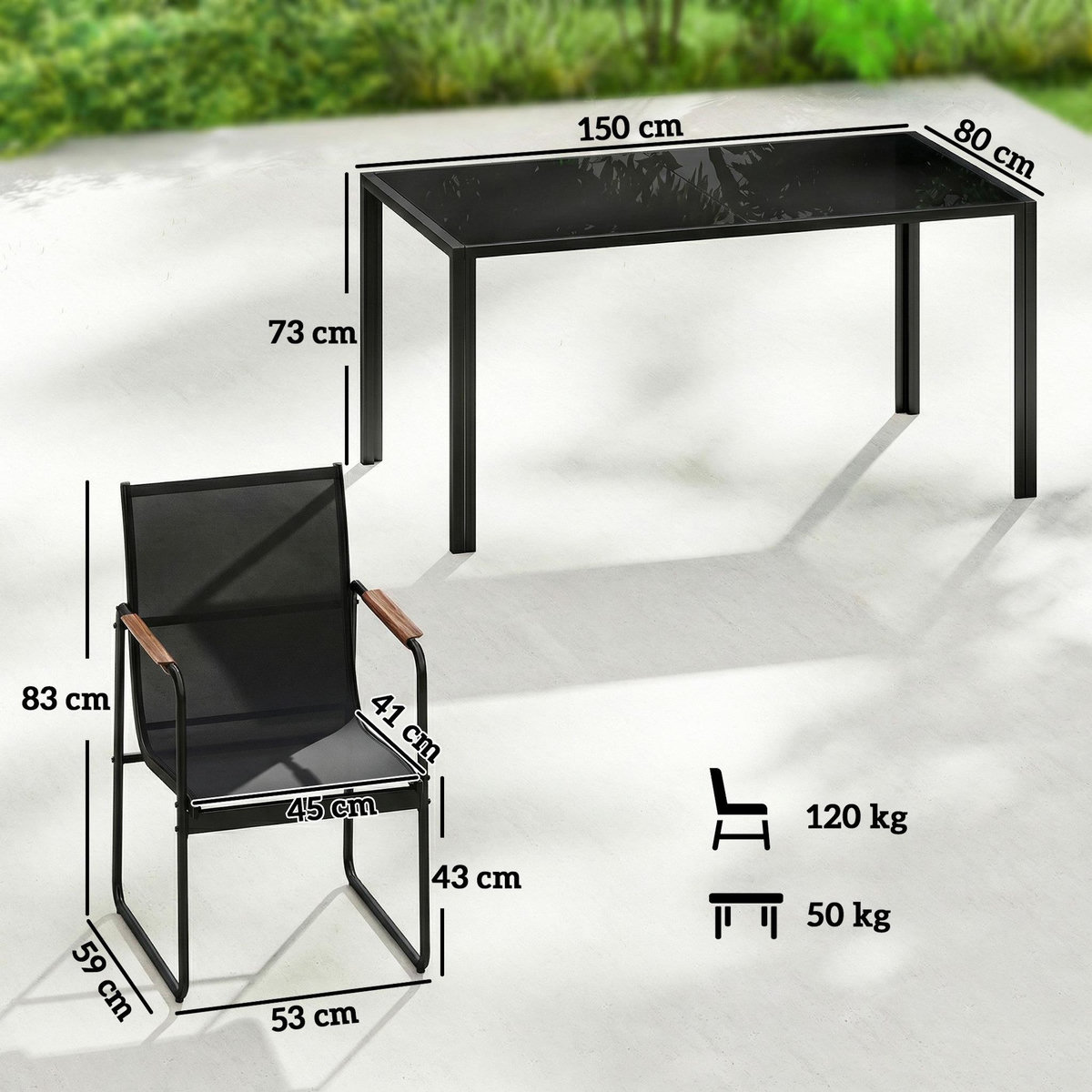 OUTSUNNY Salon de jardin 6 personnes 7 pièces acier verre noir
