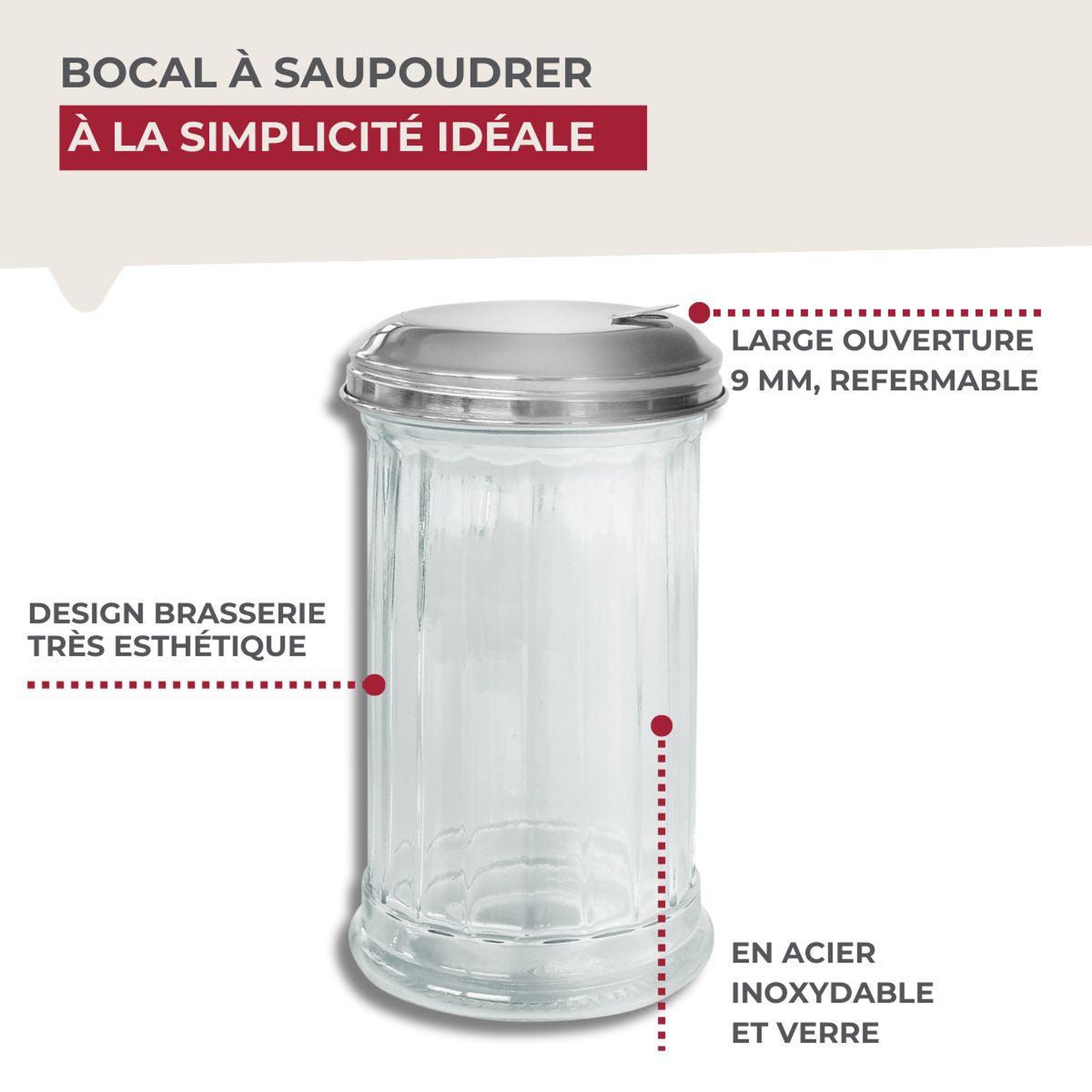 Voir la diapositive 4 : Fackelmann Saupoudreuse en verre et couvercle inox 14 cm fackelmann basic