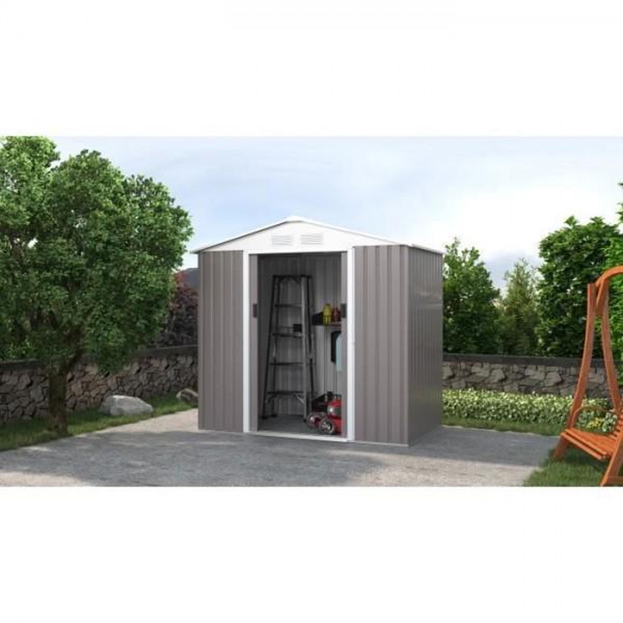 Voir la diapositive 4 : MARKET24 PLUTON Abri de jardin en métal 2,71 m² - 213 x 127 x 195 cm - Kit d'ancrage inclus, 2 portes coulissantes - Taupe