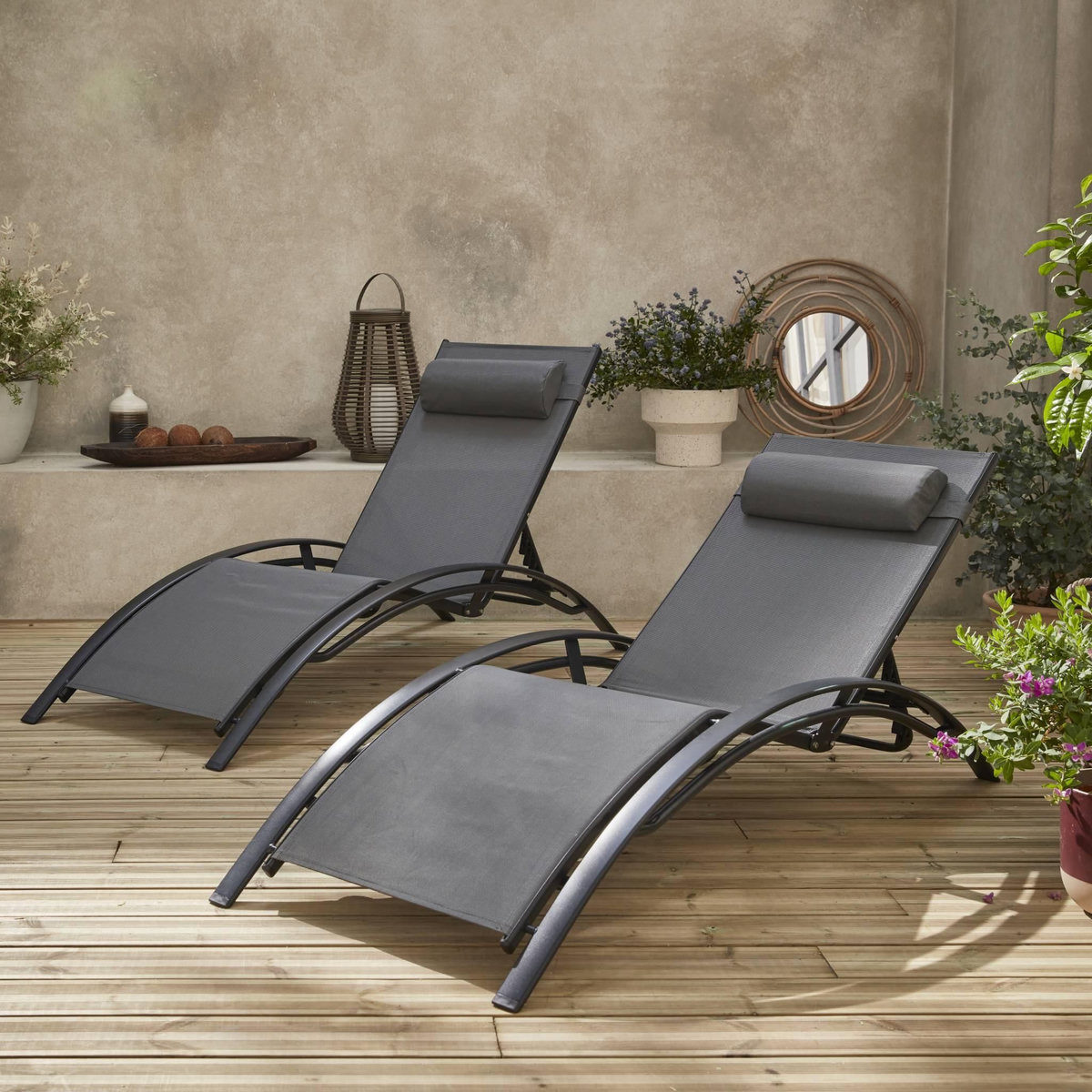 SWEEEK Duo de bains de soleil aluminium - Louisa Anthracite - Transats aluminium et textilène
