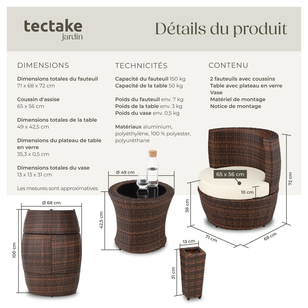 tectake Salon de jardin avec cadre en aluminium noir/marron