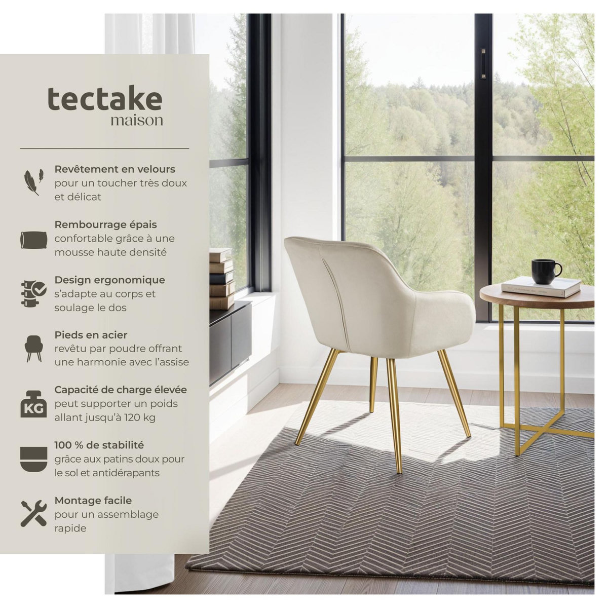 tectake Chaise rembourrée aspect velours crème/or Lot de 4