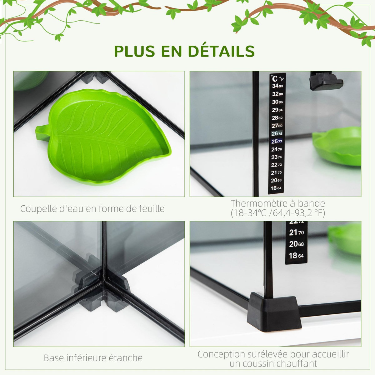 PAWHUT Terrarium en verre - vivarium reptiles & batraciens - habitat tortue - couvercle grillagé coulissant verrouillable - distributeur eau, thermomètre - métal noir verre