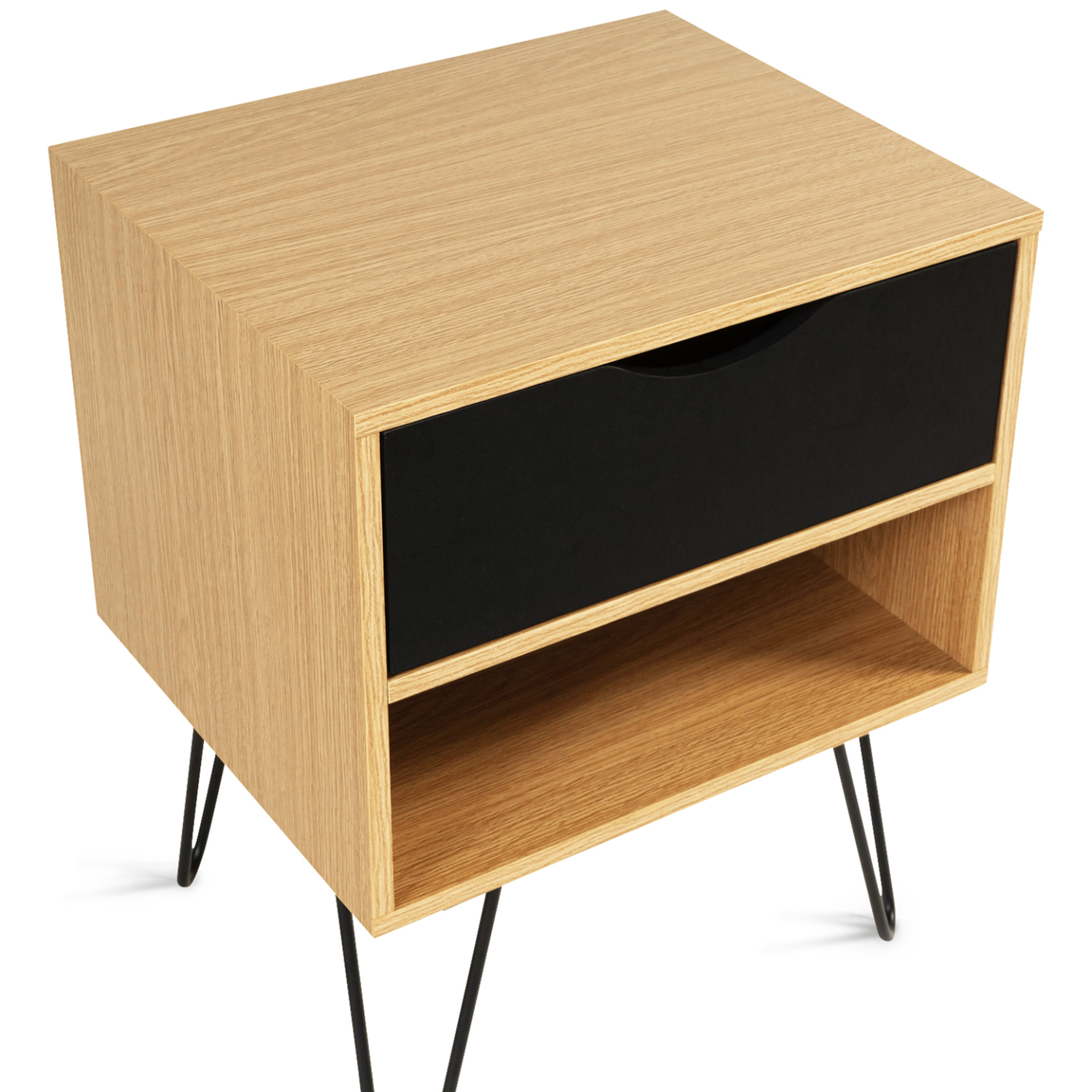 Voir la diapositive 3 : ID MARKET Lot de 2 tables de chevet noemi 1 tiroir avec niche bois pied épingle
