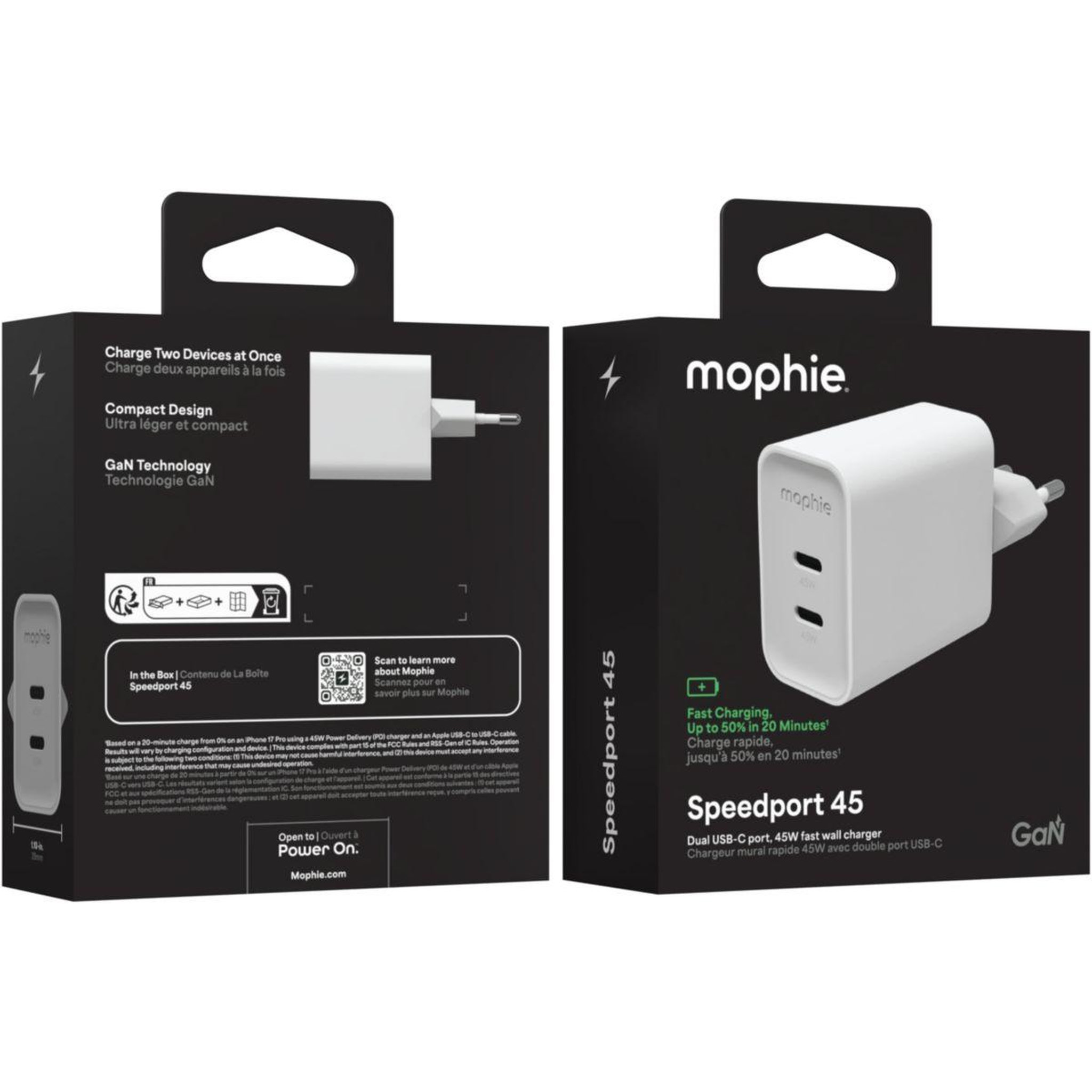 Voir la diapositive 2 : Mophie Chargeur secteur 45w gan usb-c x 2 power delivery blanc