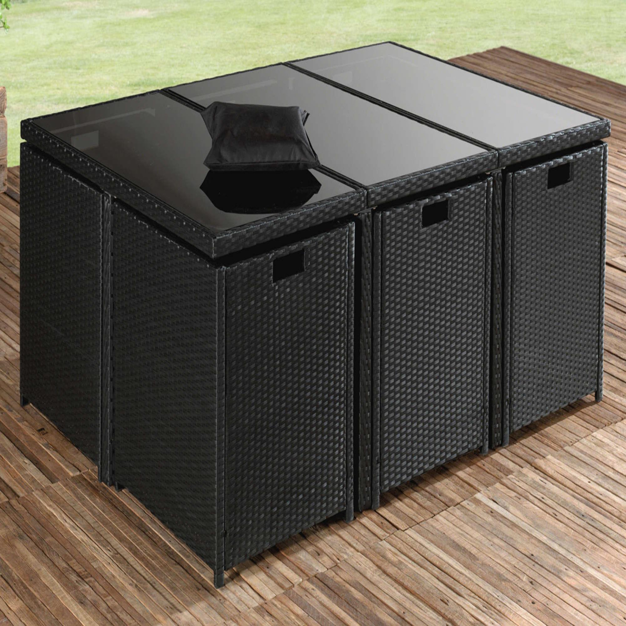 Voir la diapositive 3 : BEST MOBILIER Fira - salon de jardin encastrable 10 places - en résine tressée - noir avec coussins gris + housse de protection
