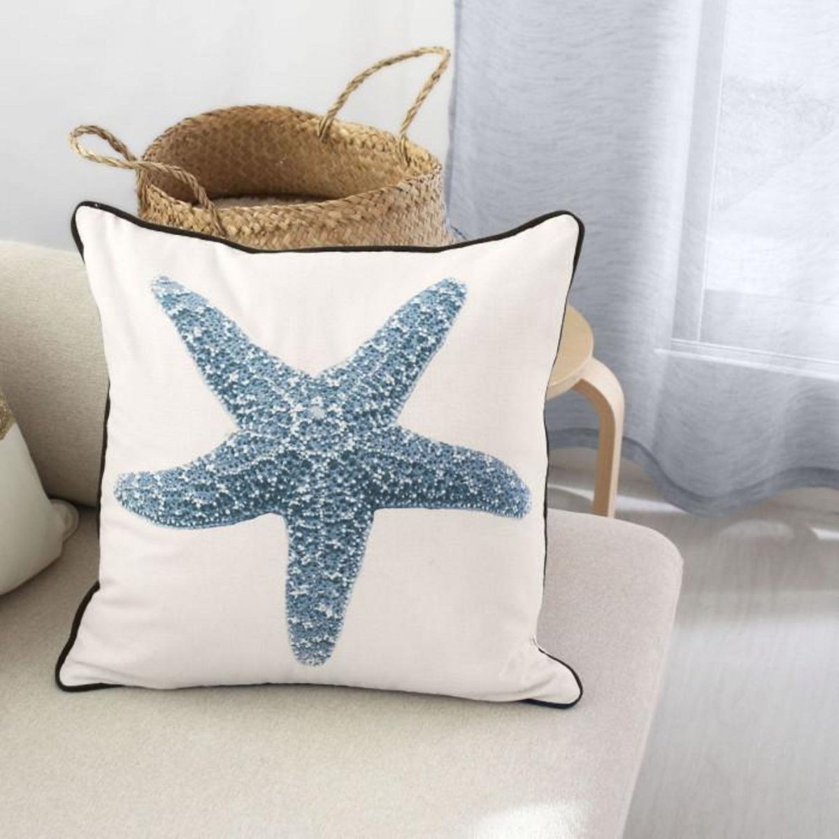 Paris Prix Coussin Déco Imprimé  Azur  40x40cm Écru & Bleu