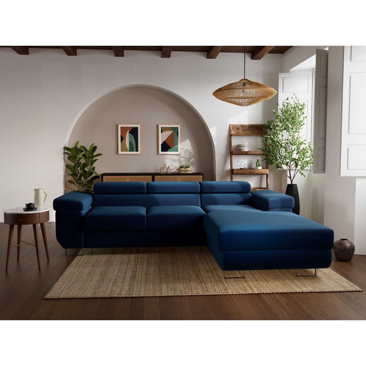 BEST MOBILIER Pablo - canapé d'angle droit - 6 places - convertible avec coffre et têtières réglables - en velours