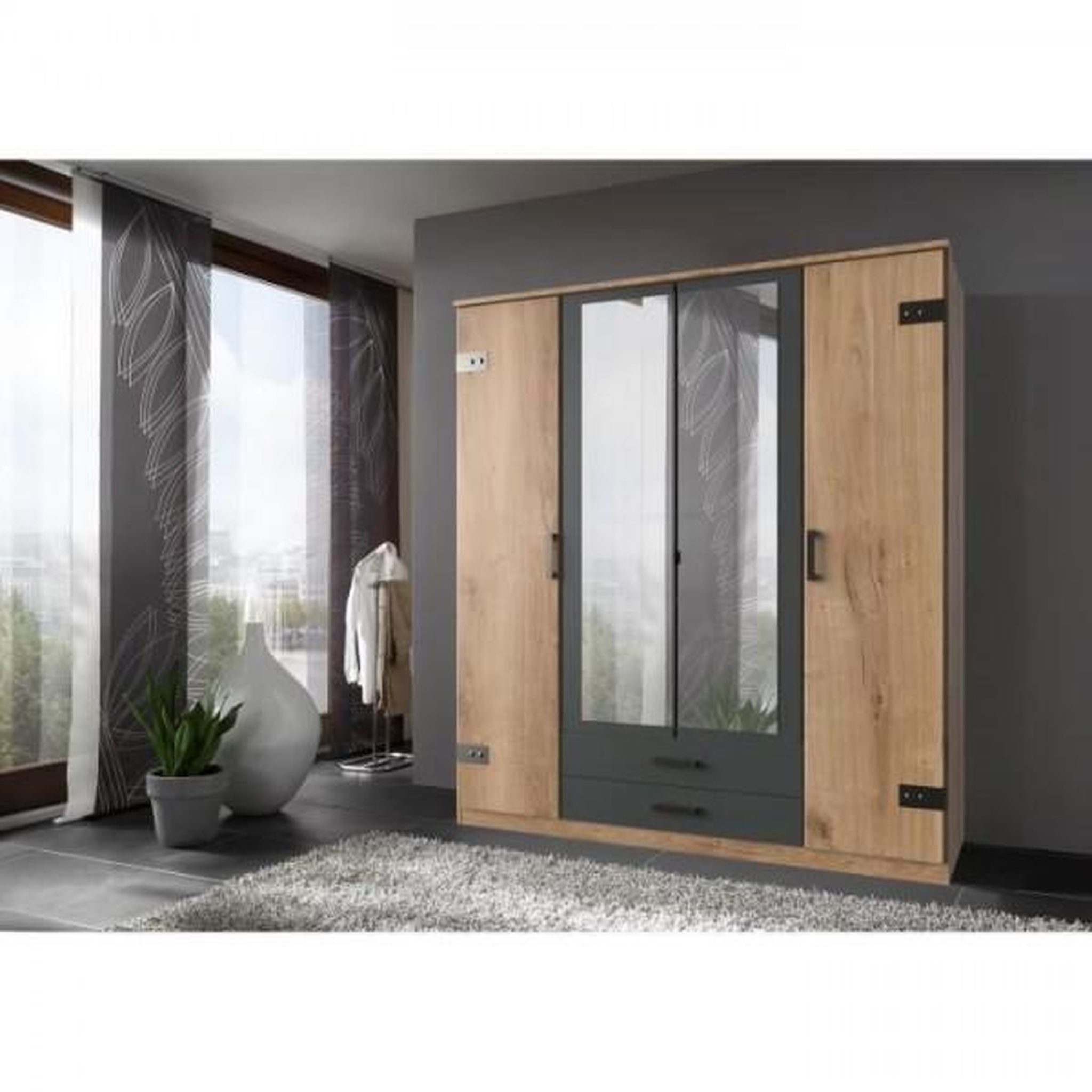 Voir la diapositive 3 : MARKET24 Armoire corfou - décor chene et gris anthracite + miroirs - 4 portes battantes - 2 tiroirs - l180 x p58 x h199 cm