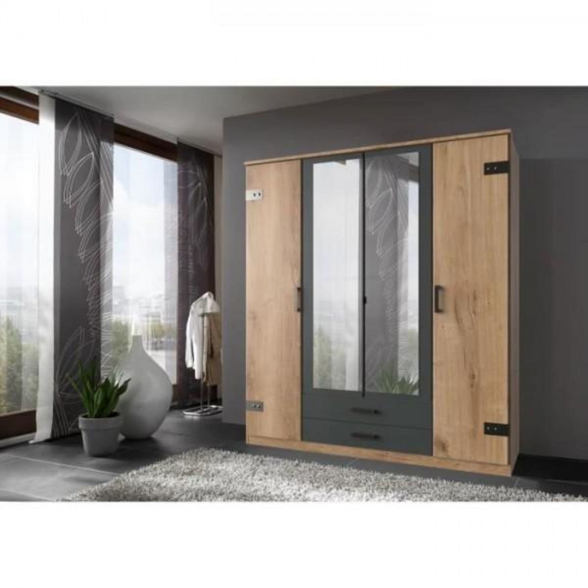 MARKET24 Armoire CORFOU - Décor Chene et gris anthracite + Miroirs - 4 portes battantes - 2 tiroirs - L180 x P58 x H199 cm