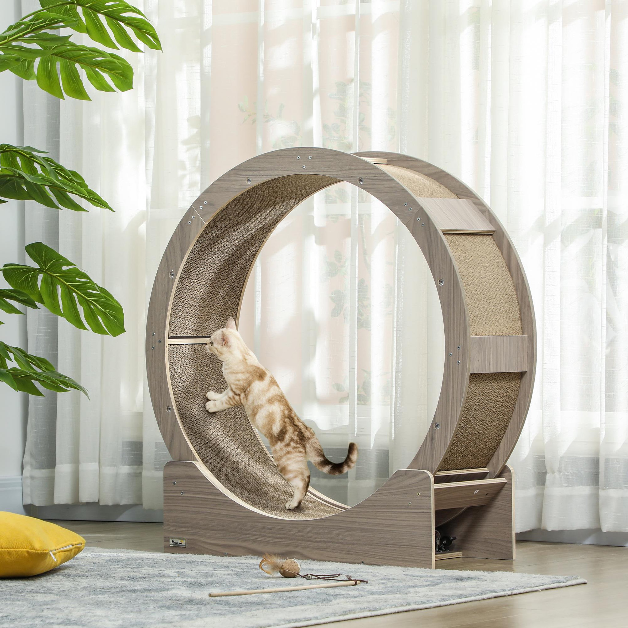 Voir la diapositive 4 : PAWHUT Roue d'exercice pour chat - frein, grattoirs - dim. 91l x 33,5p x 94h cm - aspect bois brun