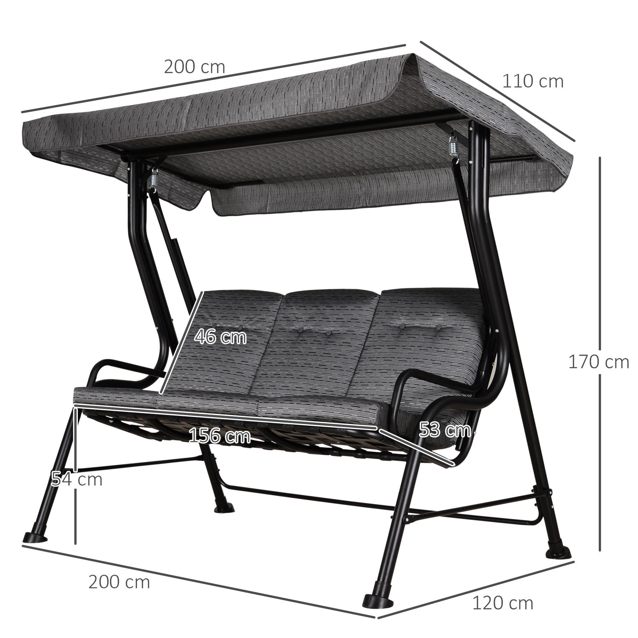 Voir la diapositive 3 : OUTSUNNY Balancelle de jardin 3 places grand confort toit inclinaison réglable épais coussins amovibles polyester acier époxy gris noir