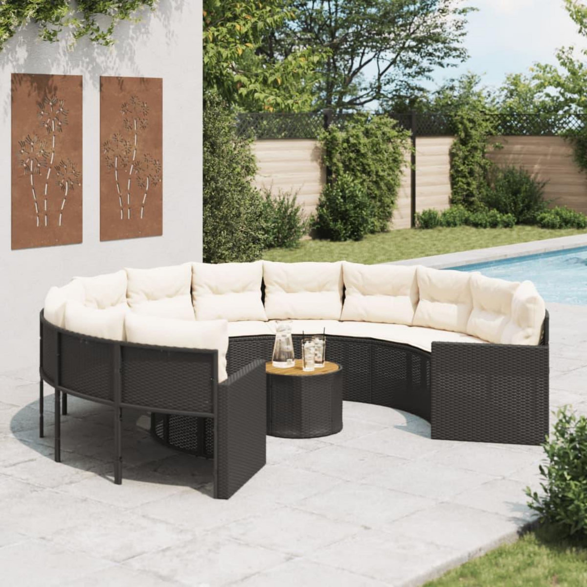 VIDAXL Canape de jardin avec table coussins rond noir resine tressee