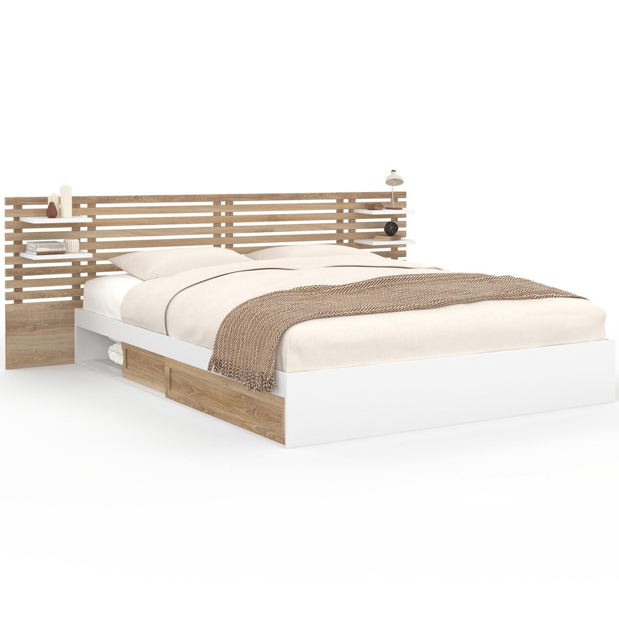 ID MARKET Lit double savana avec tête de lit, chevets, rangements et sommier 180 x 200 cm façon hêtre et blanc