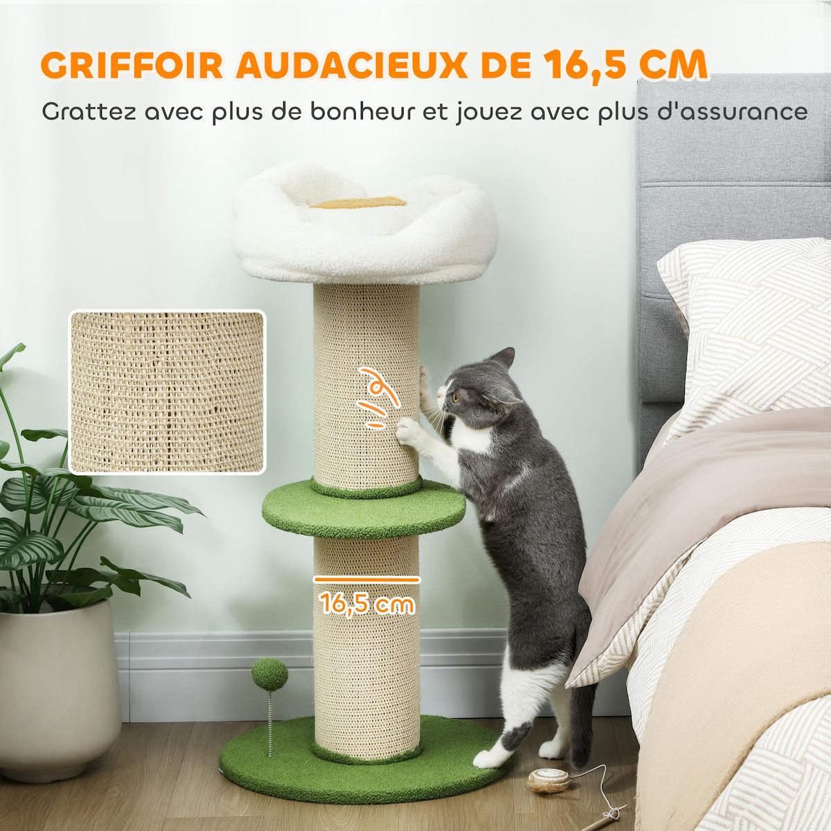 PAWHUT Arbre à chat griffoir design fleurs H.92 cm plateforme et panier d'observation boule à ressort