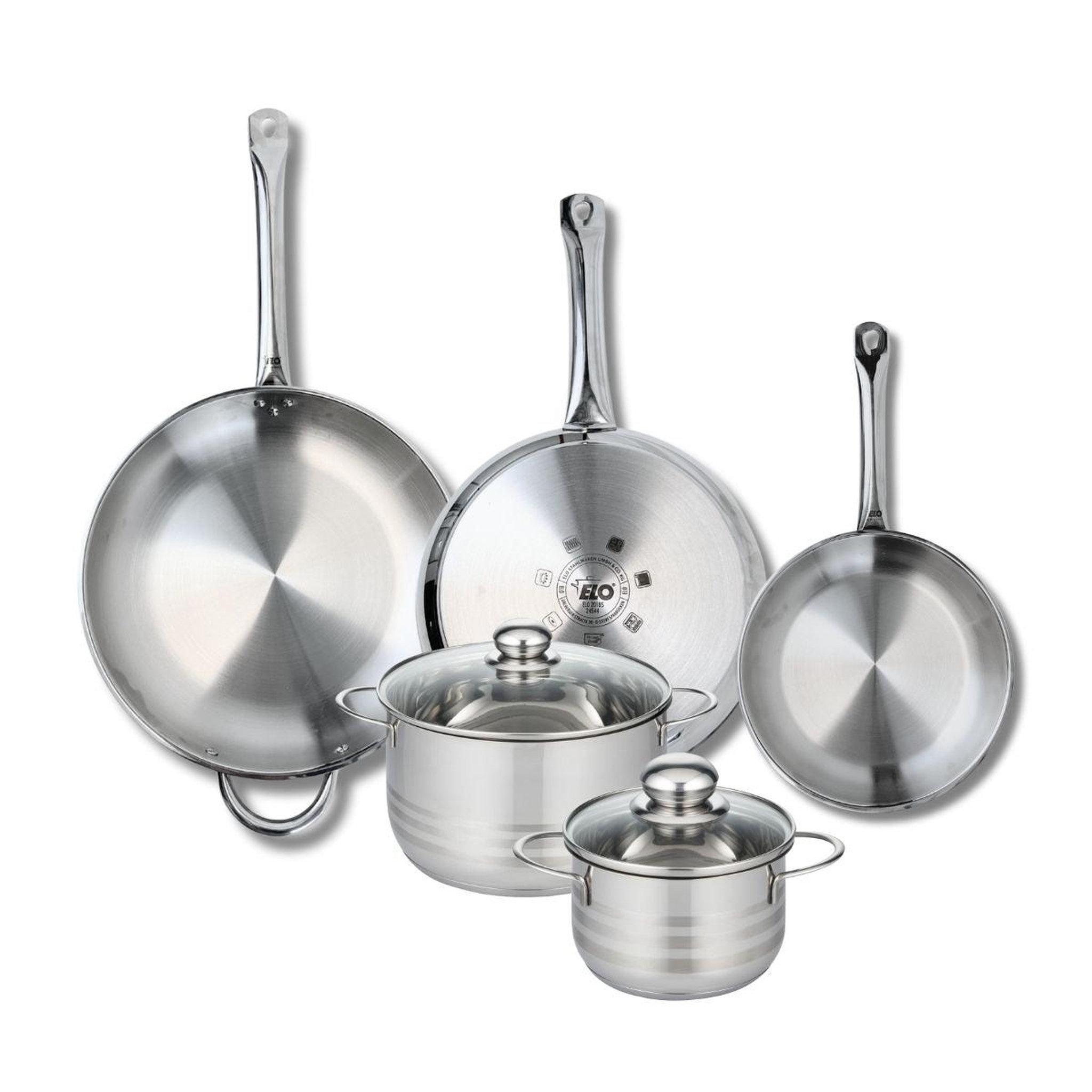 ELO Ensemble de 3 poêles de cuisson 24, 28 et 32 cm et 2 faitouts 16 et 20 cm elo profi brillant