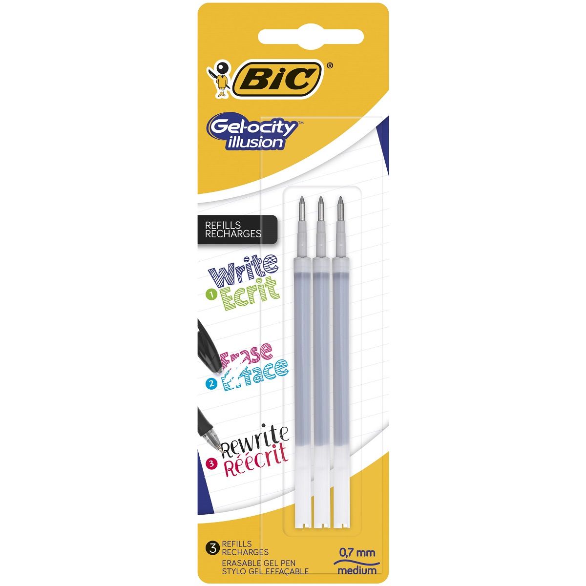 BIC Stylos gel effaçables pointe moyenne noir GEL-OCITY ILLUSION (lot de 3)