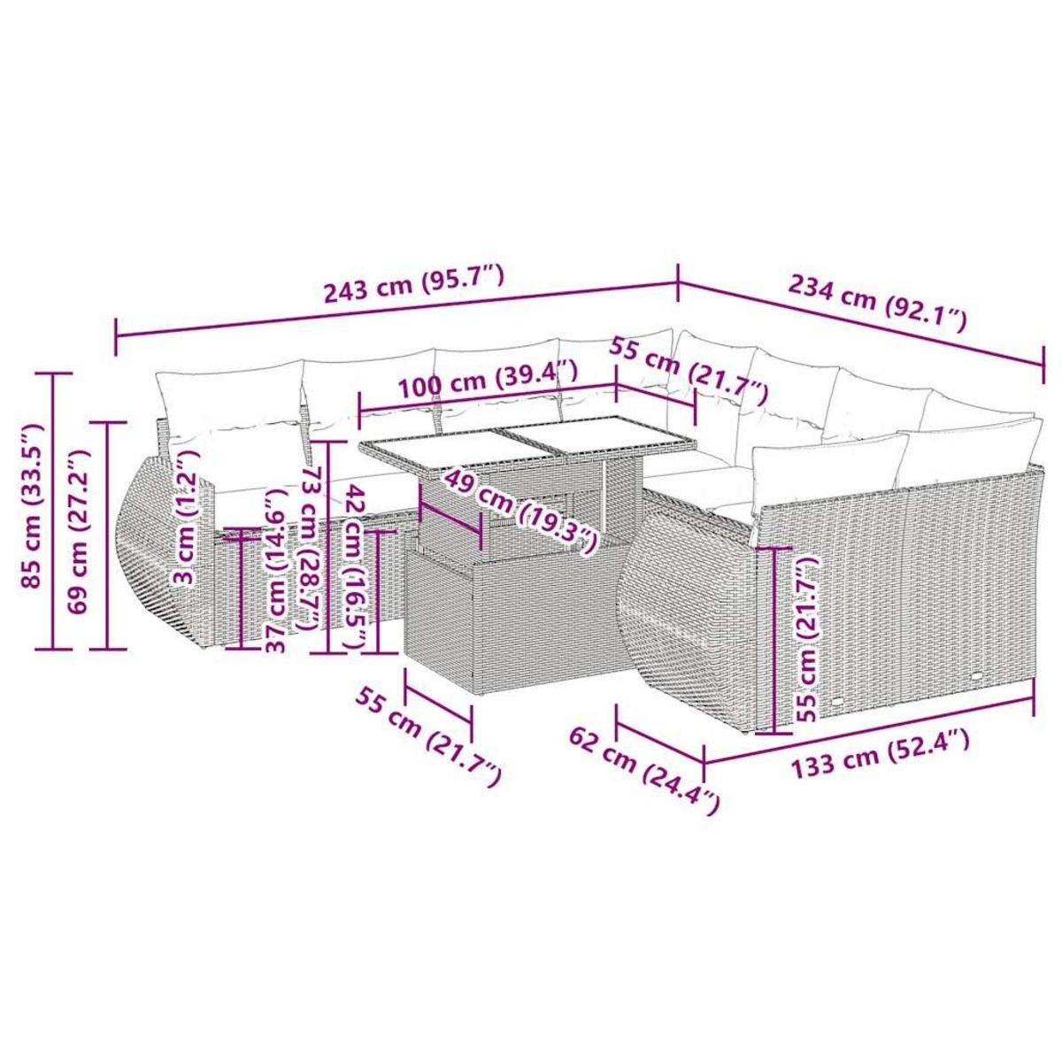 VIDAXL Salon de jardin 9 pcs avec coussins gris resine tressee