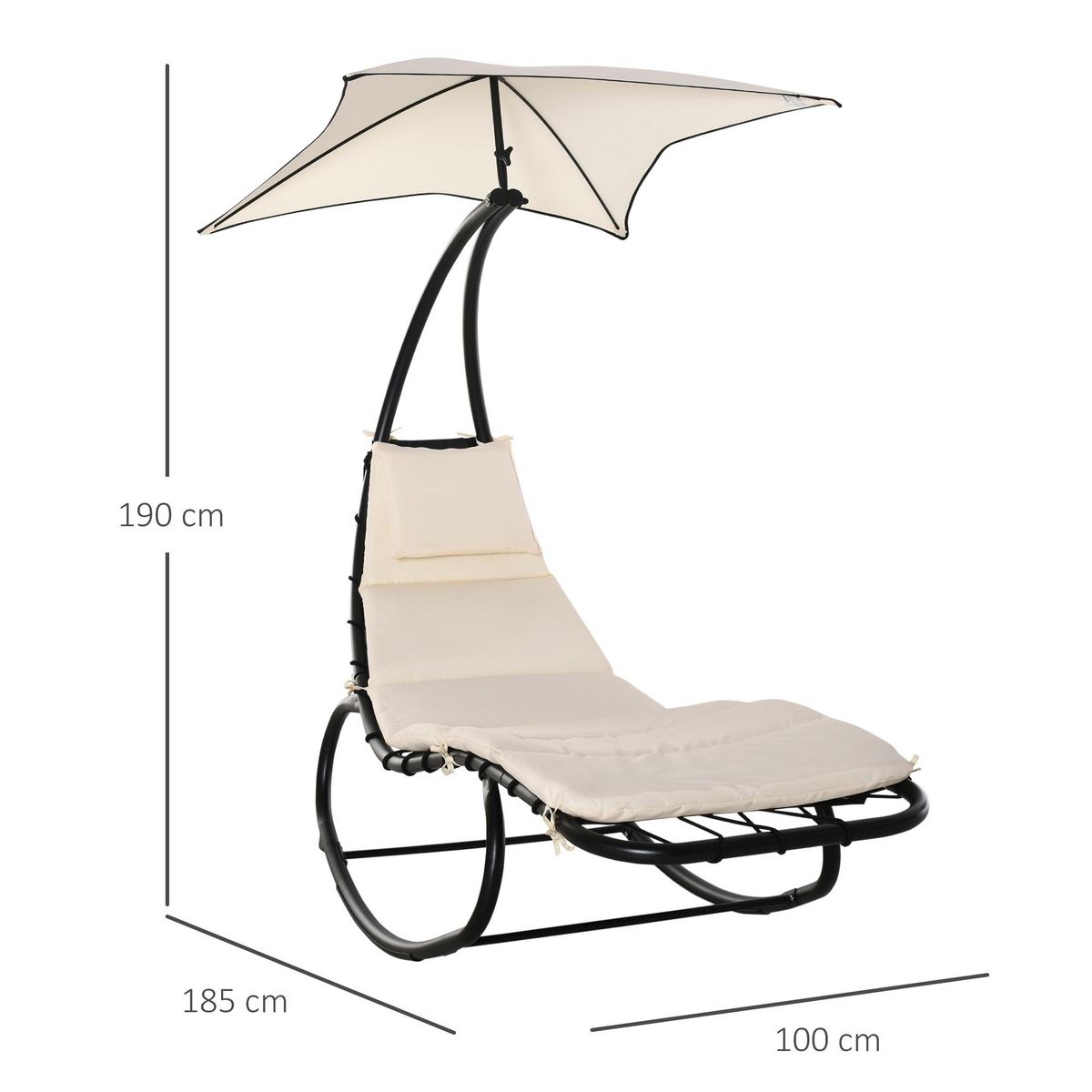 OUTSUNNY Bain de soleil transat à bascule design contemporain avec pare-soleil, matelas grand confort, tétière métal époxy noir polyester crème