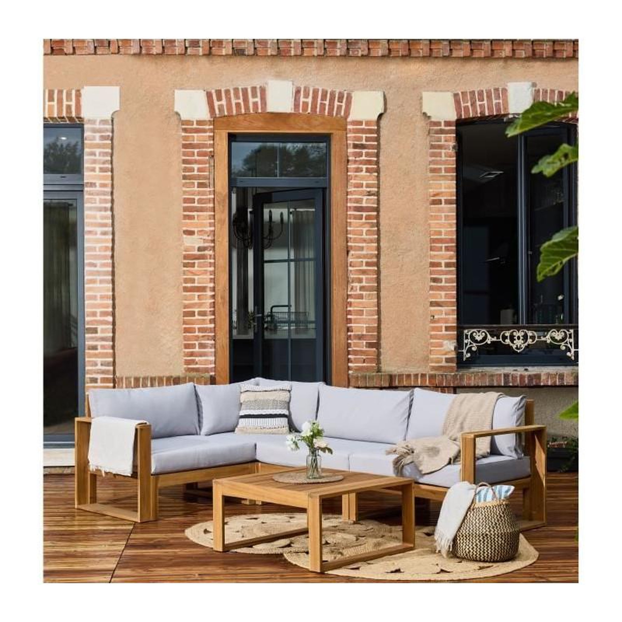 Voir la diapositive 2 : BOCARNEA Salon de jardin d'angle modulable - Bois d'acacia - 5 personnes - LEVATA - Gris
