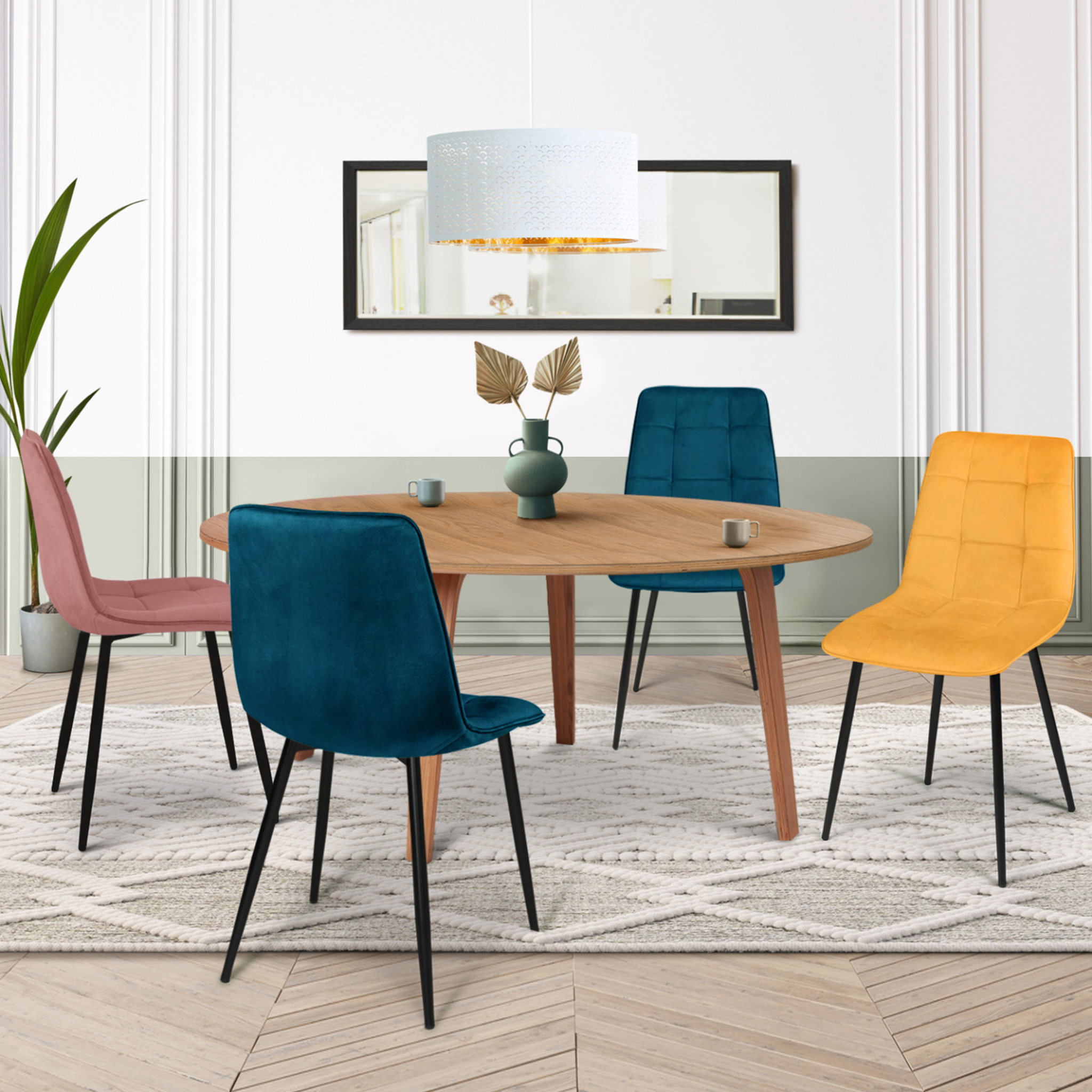 Voir la diapositive 2 : ID MARKET Lot de 4 chaises mila en velours mix color bleu x2, jaune ocre, rose