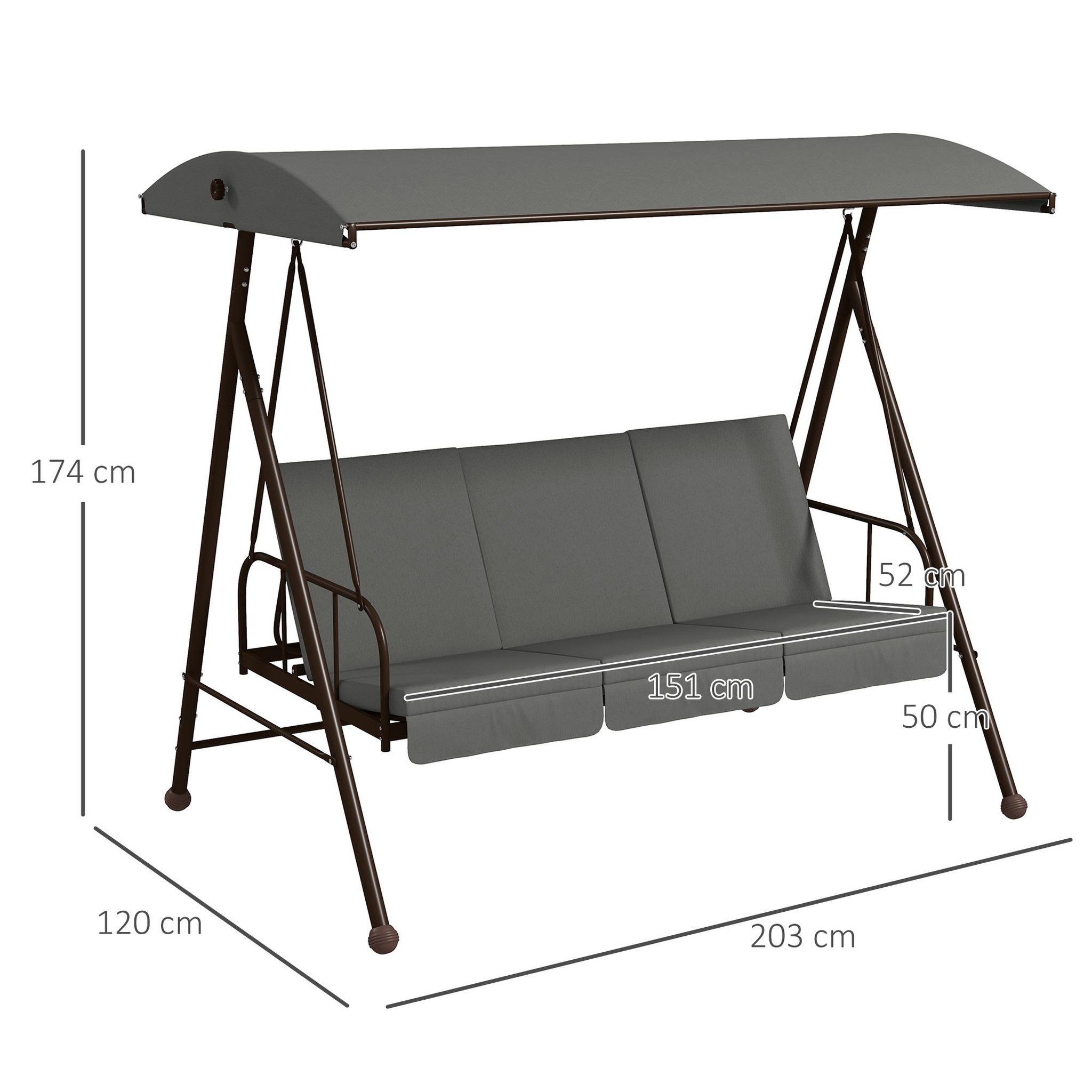 Voir la diapositive 3 : OUTSUNNY Balancelle de jardin convertible 3 places grand confort 3 coussins toit réglable acier polyester gris