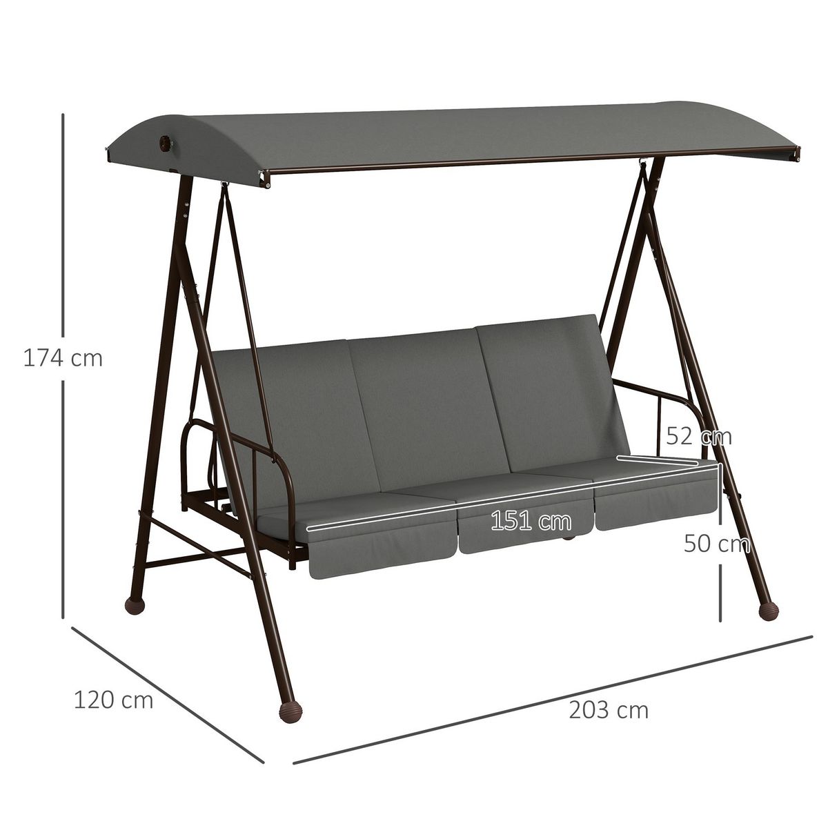 OUTSUNNY Balancelle de jardin convertible 3 places grand confort 3 coussins toit réglable acier polyester gris