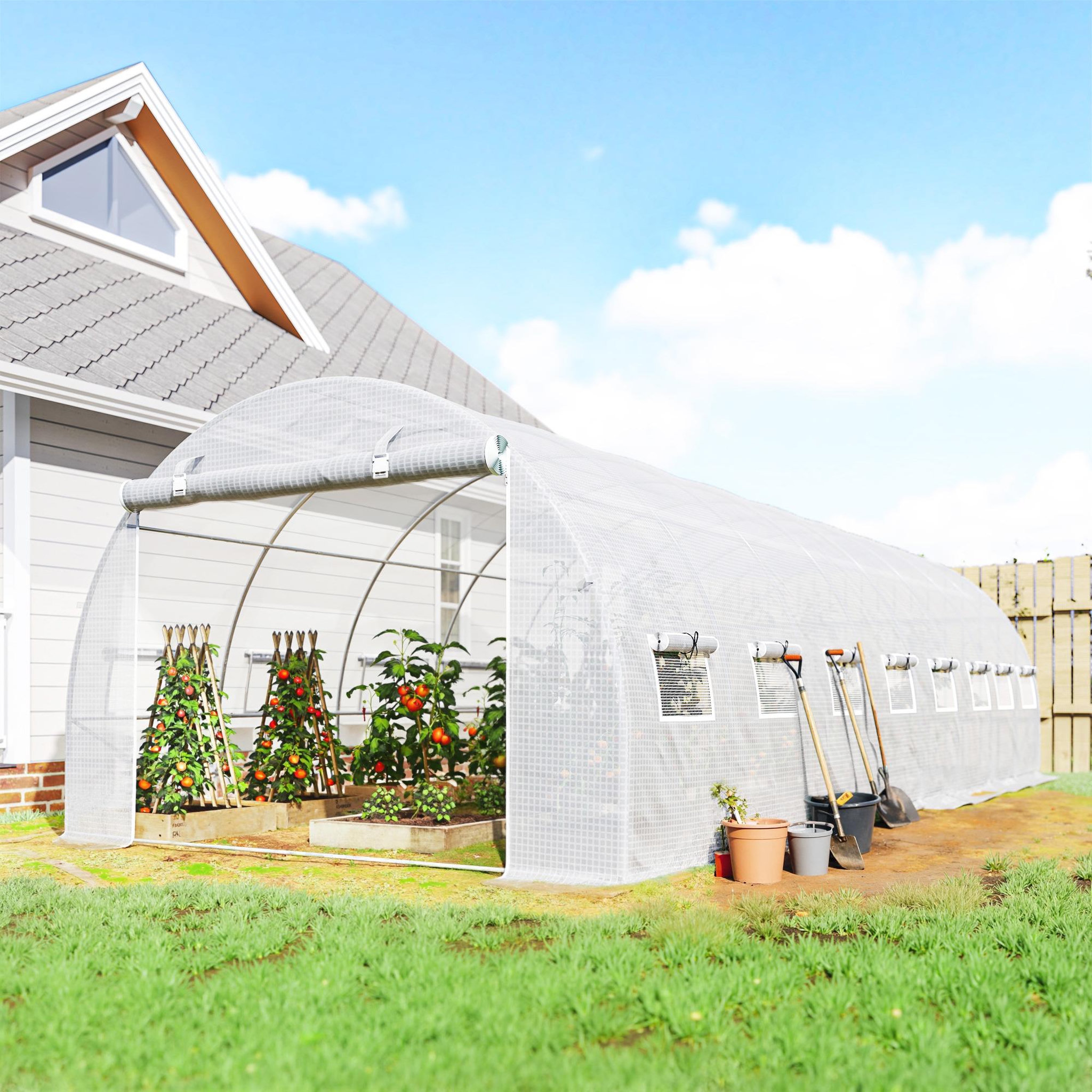 Voir la diapositive 4 : OUTSUNNY Serre tunnel 24m² dim. 8l x 3l x 2h m - 16 fenêtres, porte zippée - acier galvanisé pe haute densité blanc