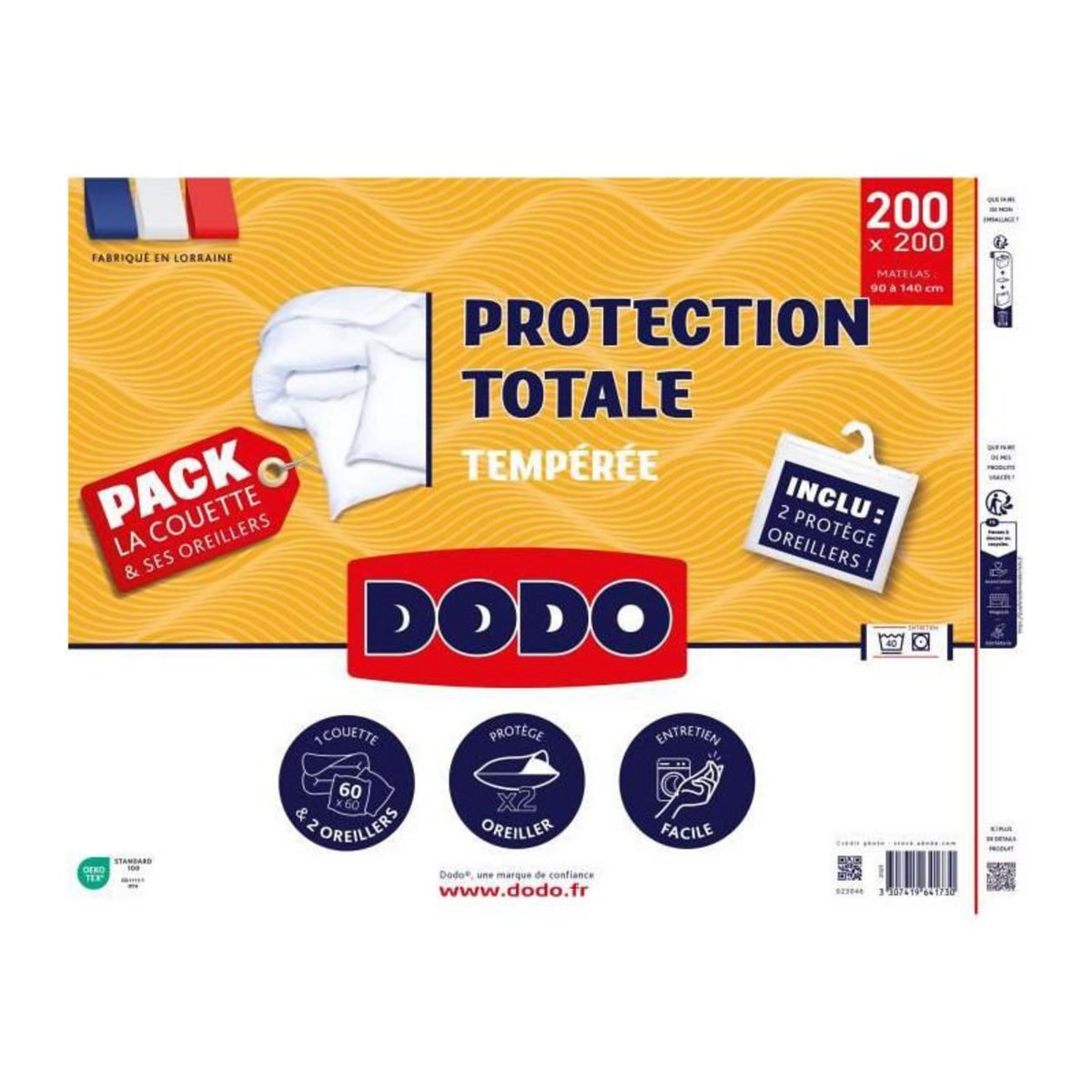 DODO Pack Protection : Couette 220x240 cm + Taie d'oreiller + 1 Protege oreiller - Fabriqué en France