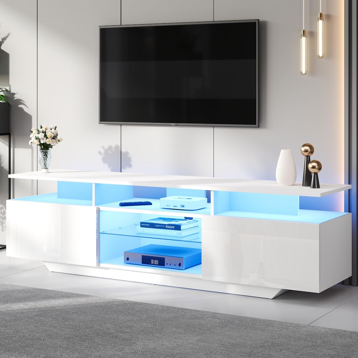 MERAX Meuble tv blanc 160 cm led mdf