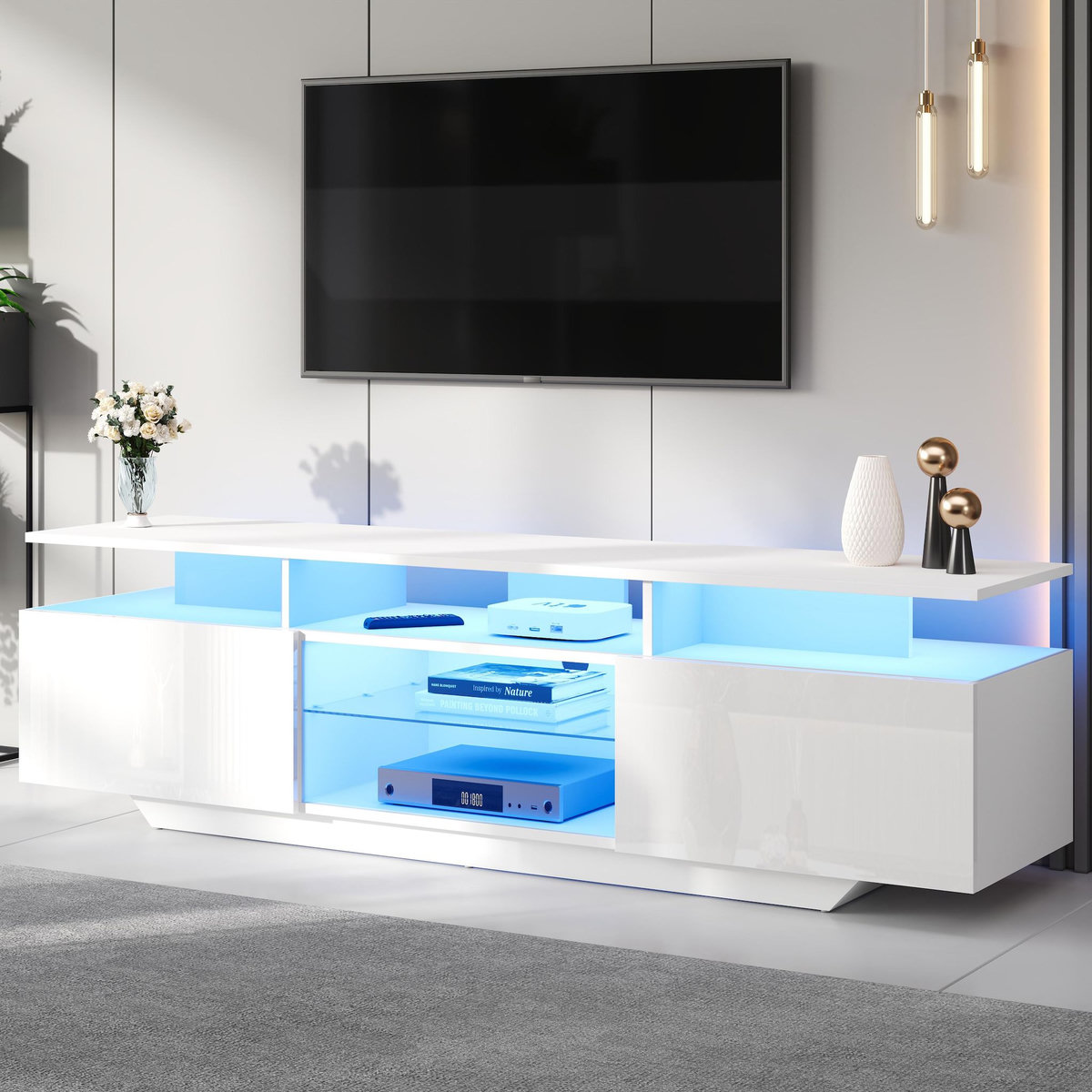 MERAX Meuble tv blanc 160 cm led mdf