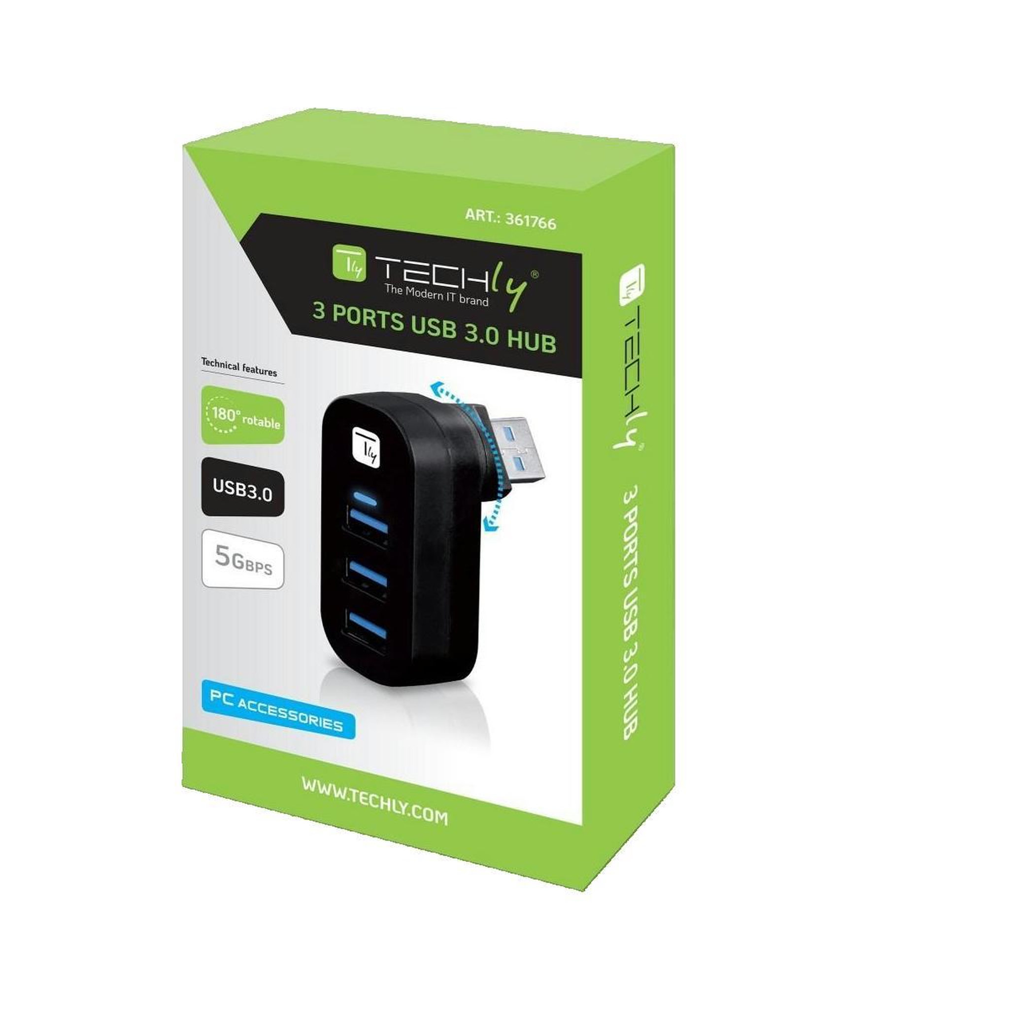 Voir la diapositive 2 : TECHLY Hub USB Techly IUSB3-HUB3-ROTB Connecteur rotatif