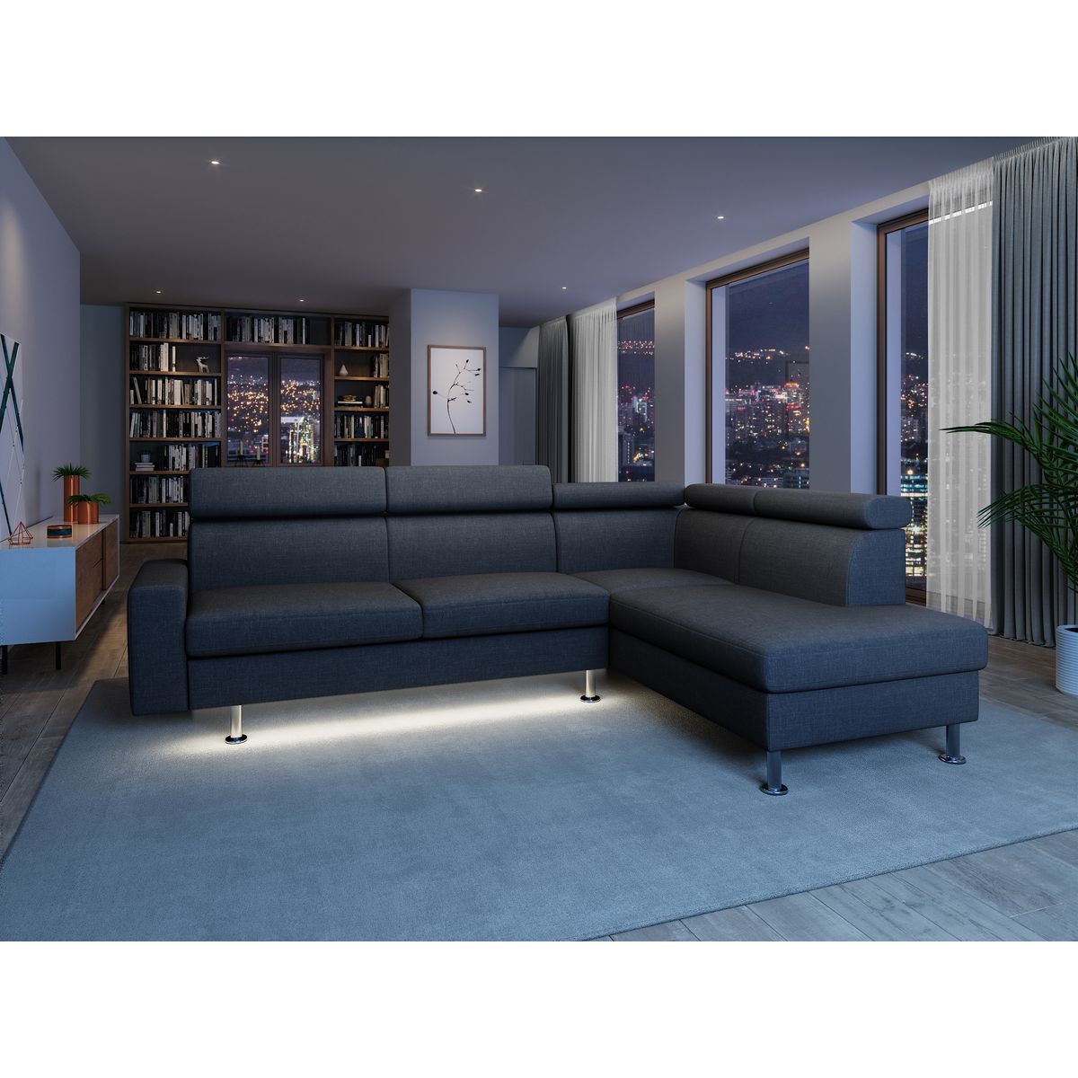 Canapé d'angle 4-5 places fixe avec LED - TOMY -Tissu gris chiné foncé - Angle droit