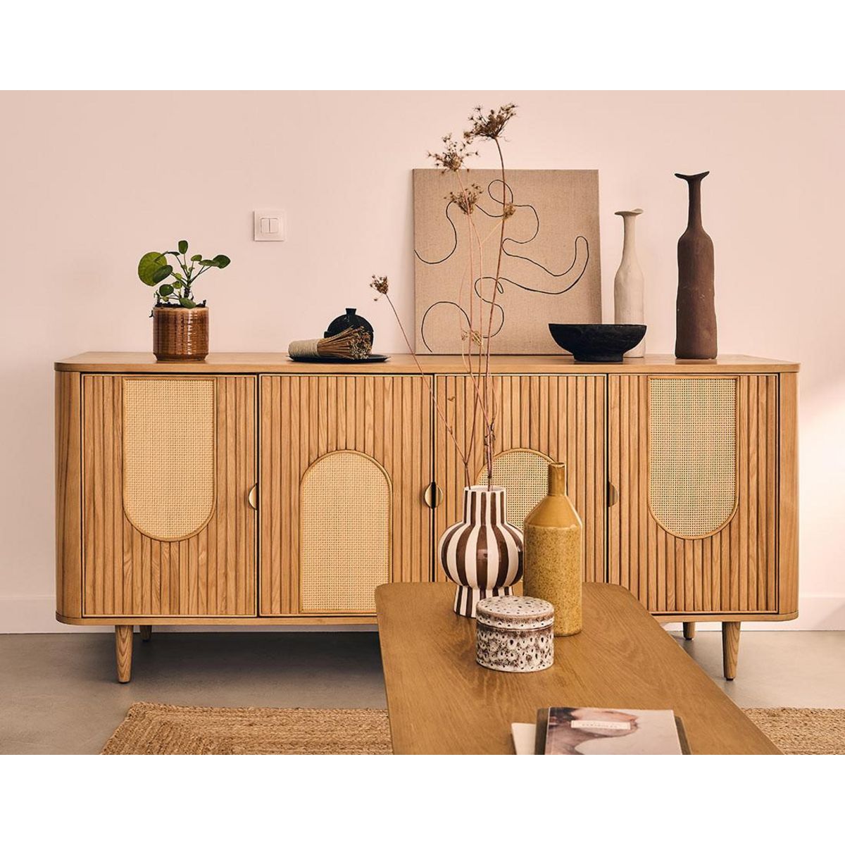 LISA DESIGN Milazzo - buffet bas - bois plaqué chêne et cannage - 4 portes - 176 cm
