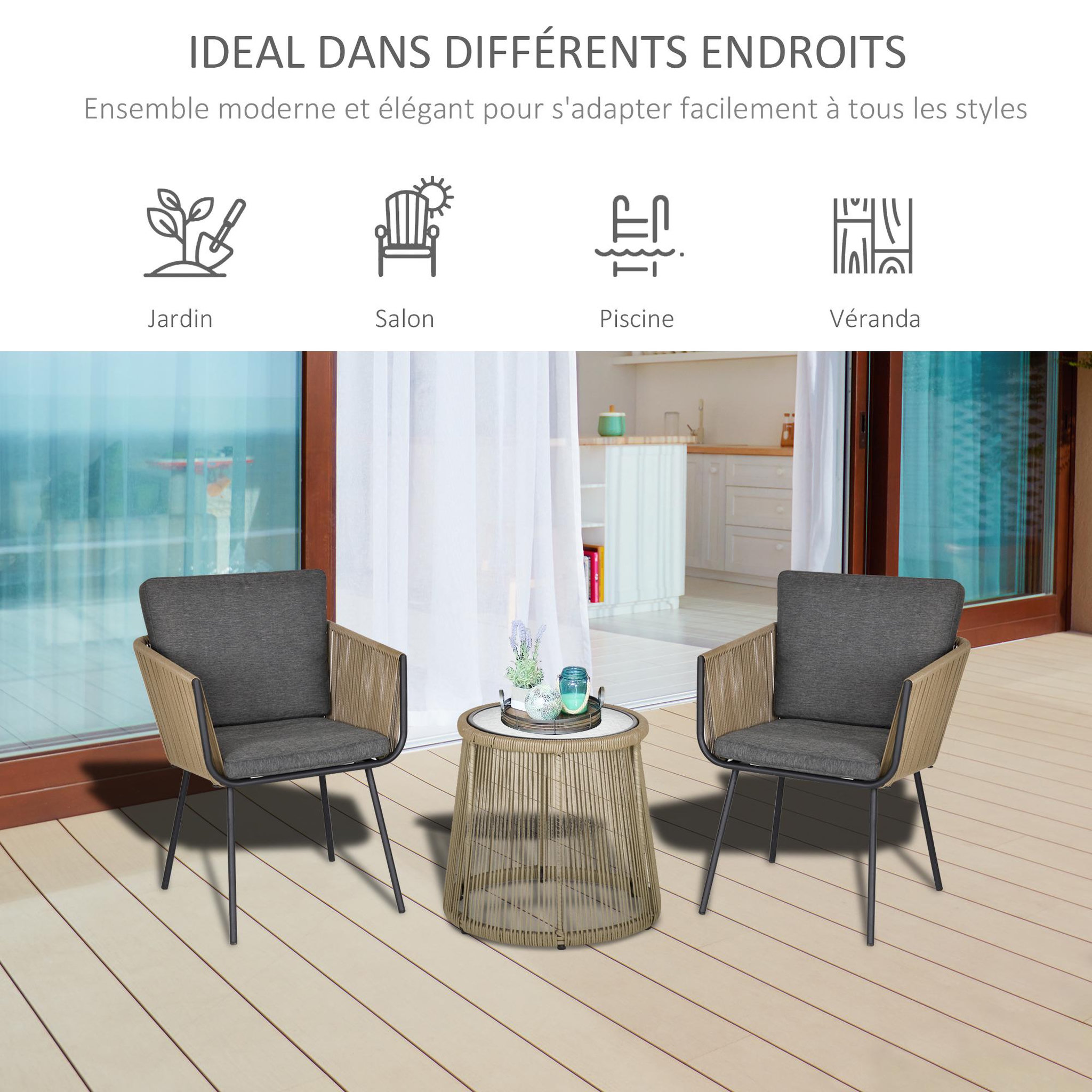 Voir la diapositive 5 : OUTSUNNY Ensemble salon de jardin 3 pièces style colonial 2 fauteuils avec coussins gris + table basse résine filaire beige