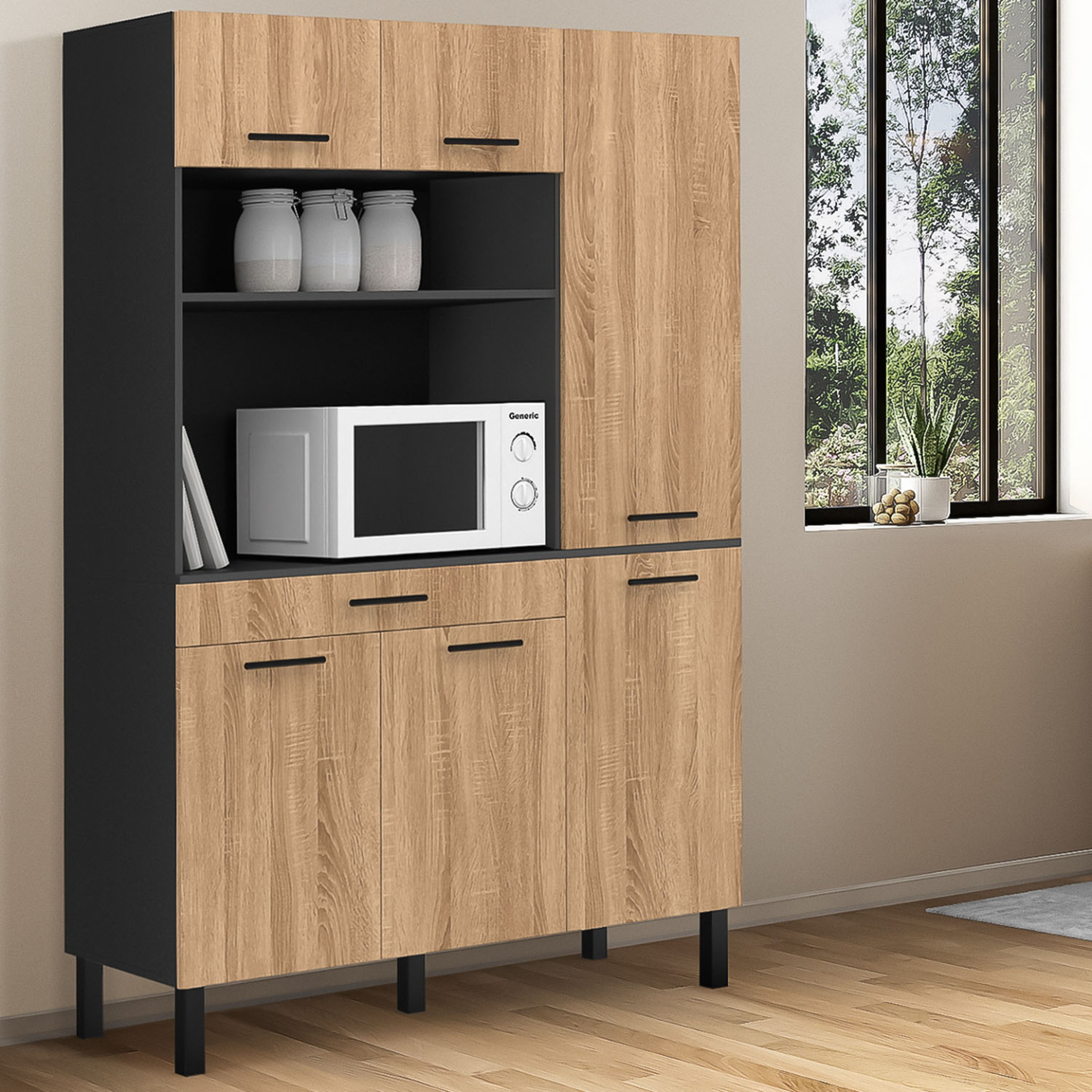 Voir la diapositive 2 : ID MARKET Buffet de cuisine avec colonne de rangement 120 cm cina 6 portes + tiroir noir et façon hêtre