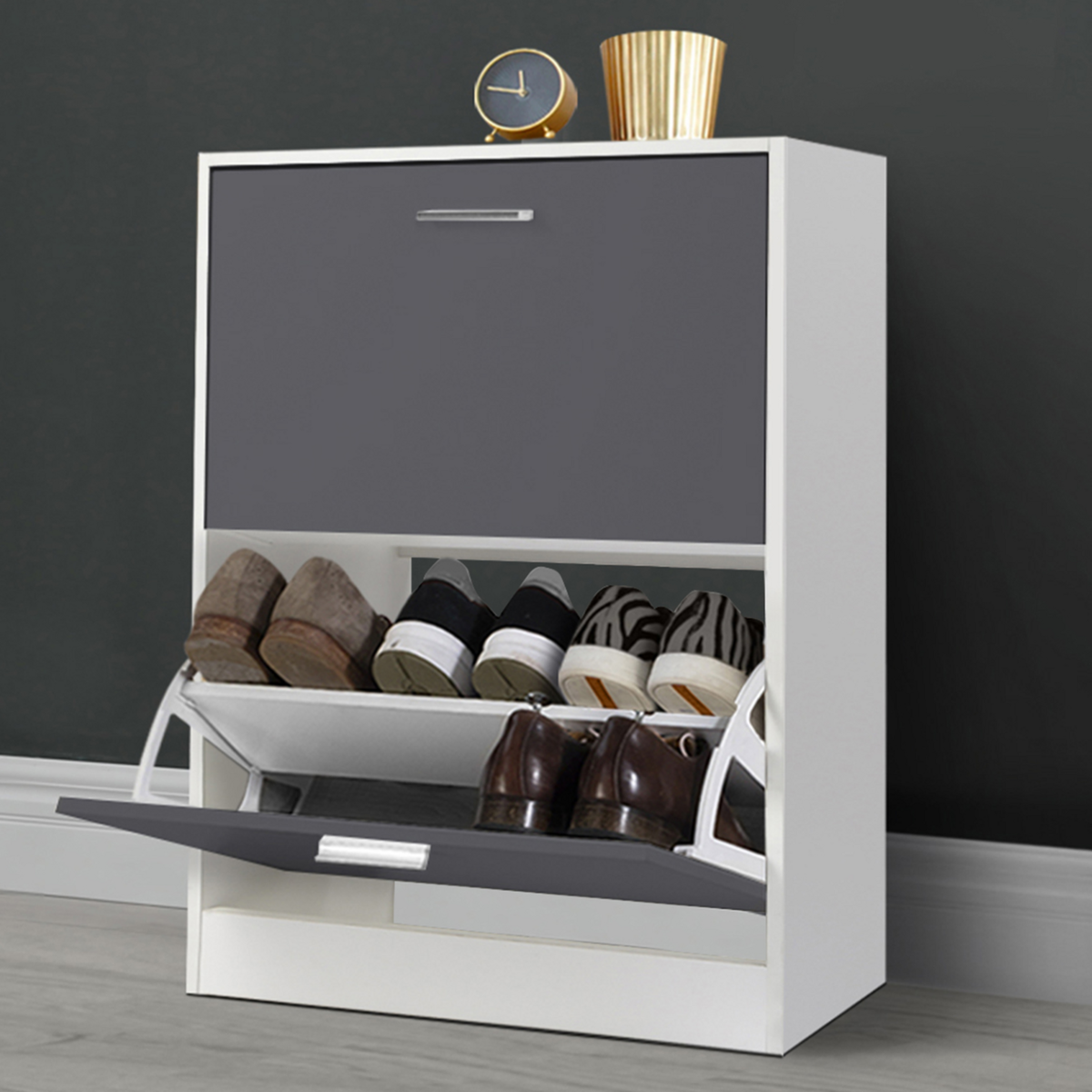 ID MARKET Meuble à chaussures 12 paires KLARK blanc 2 portes grises