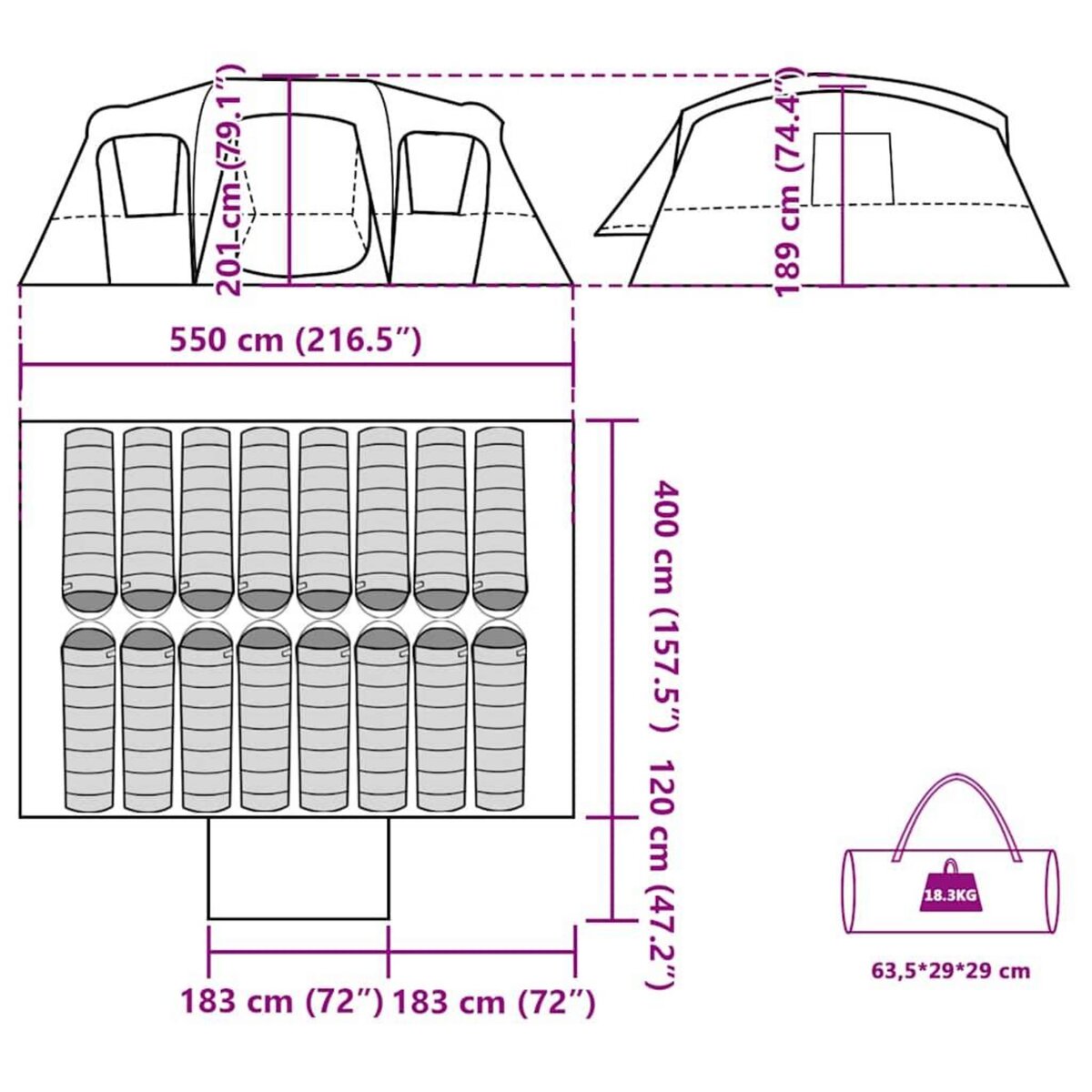 VIDAXL Tente familiale tunnel 16 personnes vert impermeable