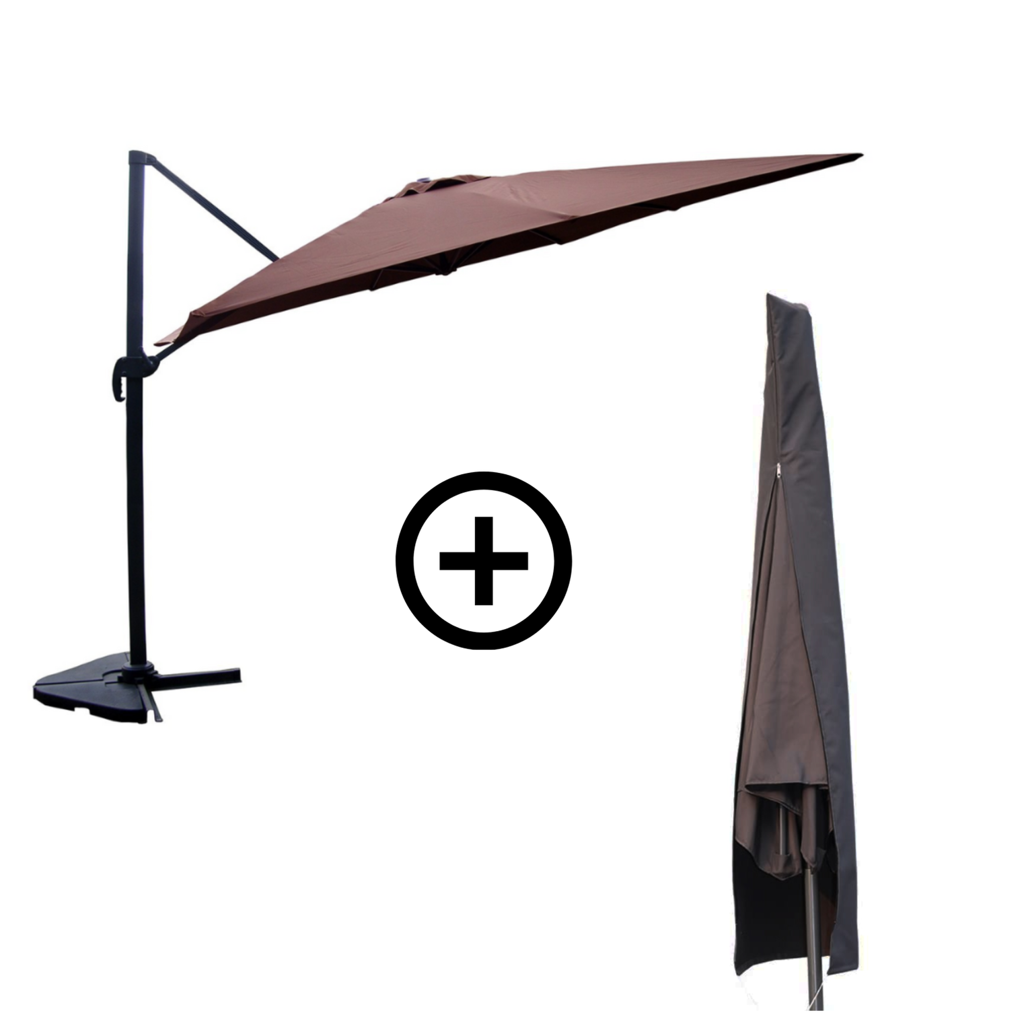 CONCEPT USINE Bundle parasol rectangulaire 3x4m déporté rotatif marron aluminium + housse CESARE