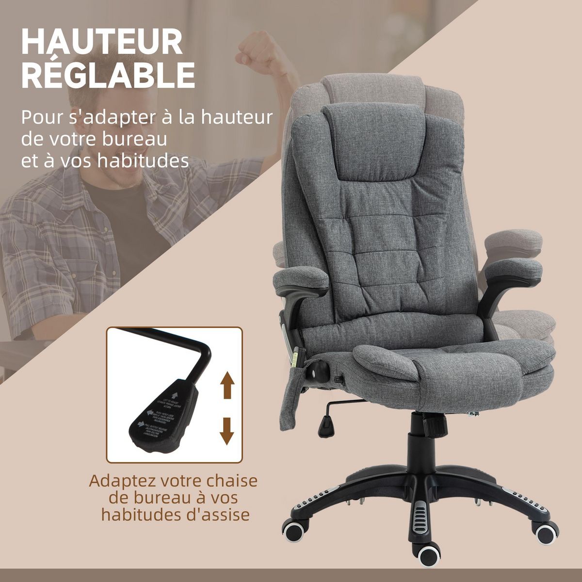 HOMCOM Fauteuil de bureau direction massant chauffant hauteur réglable dossier inclinable toile de lin gris chiné