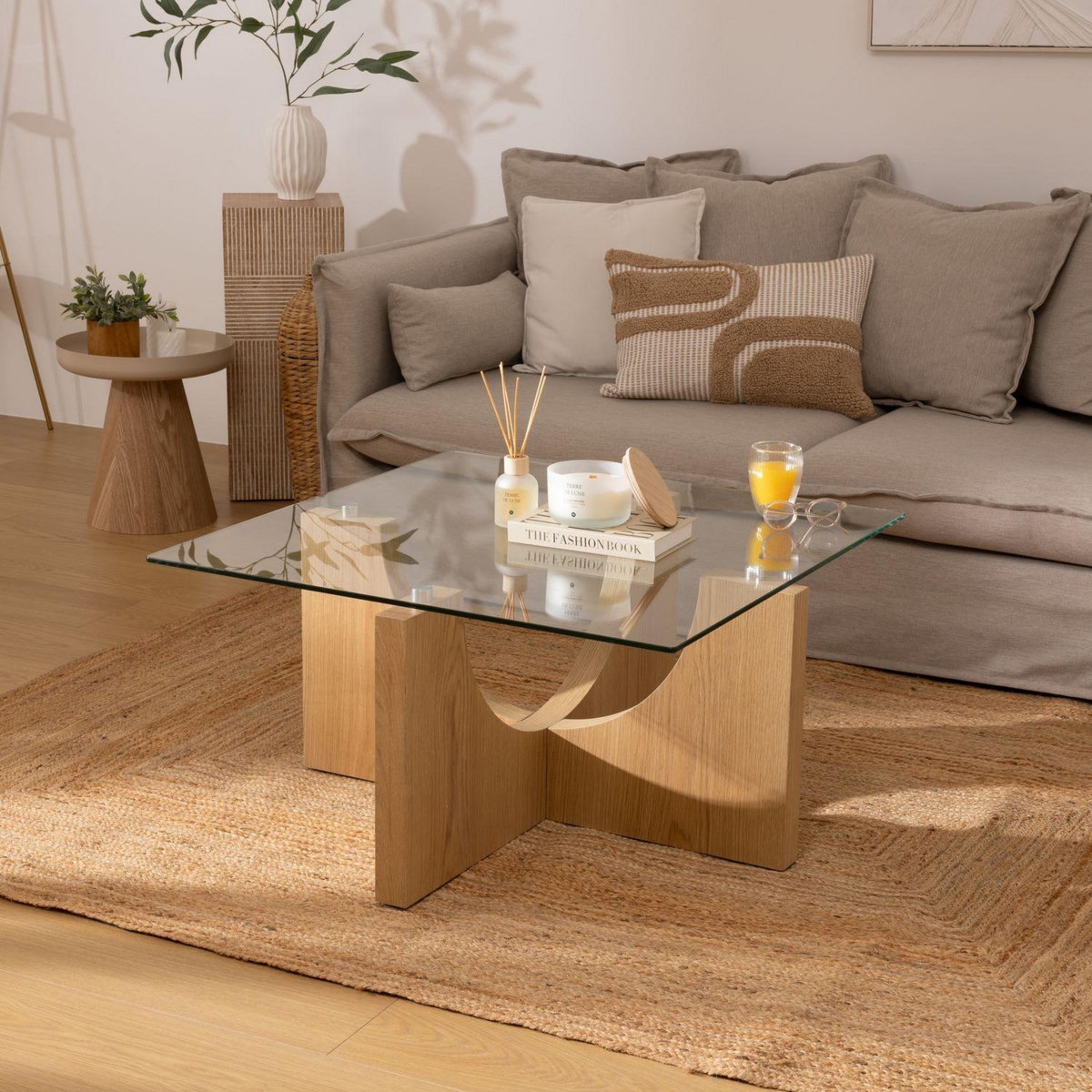 ATMOSPHERA Table basse carrée en bois et verre ETINI - Beige