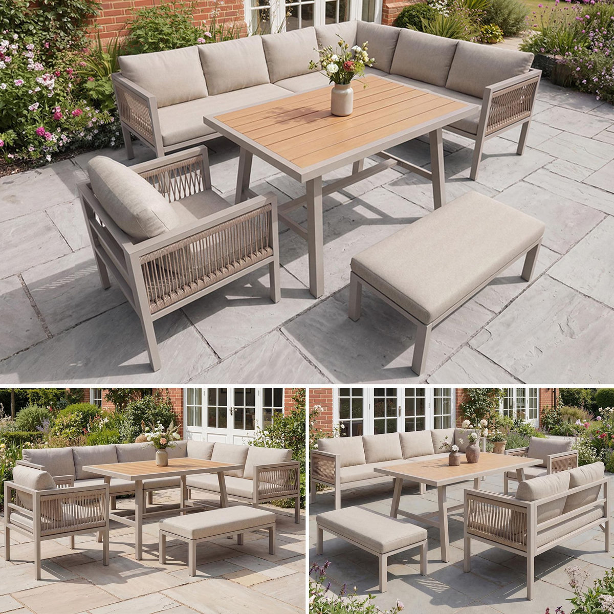 MERAX Salon de jardin 7 places avec canapé angle, fauteuil et pouf table