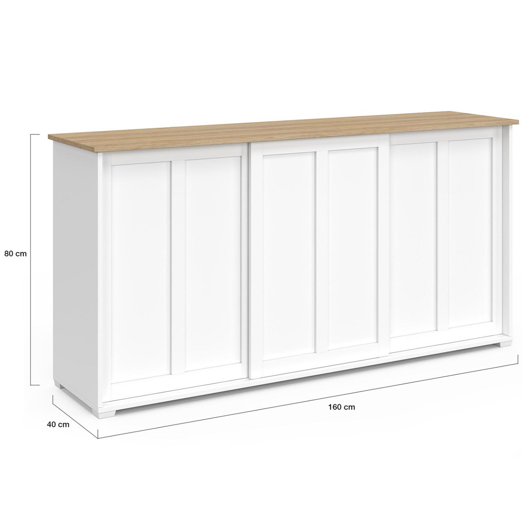 Voir la diapositive 5 : ID MARKET Buffet 160 cm JANGO 3 portes coulissantes blanc et plateau bois