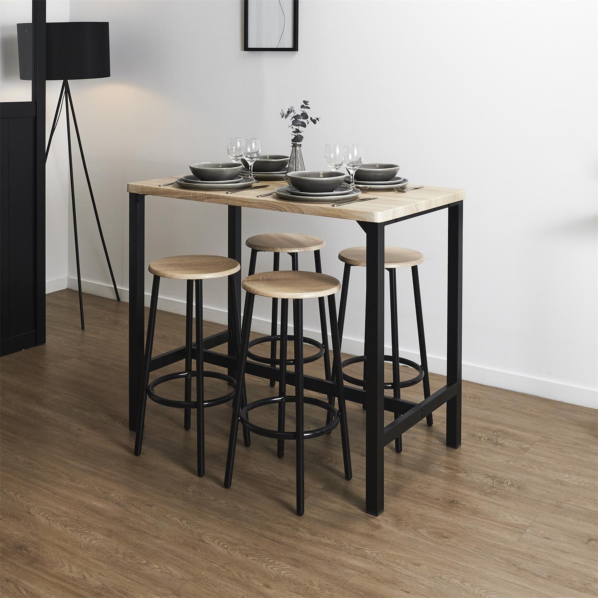 Voir la diapositive 2 : The Home Deco Factory Ensemble mange debout et 4 tabourets kalo - marron et noir