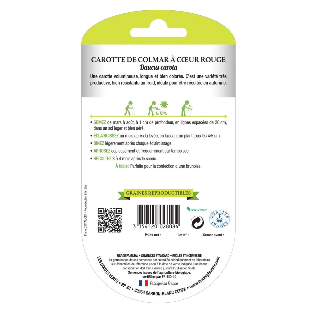 LES DOIGTS VERTS Graines Carotte de Colmar à coeur rouge BIO Les Doigts Verts