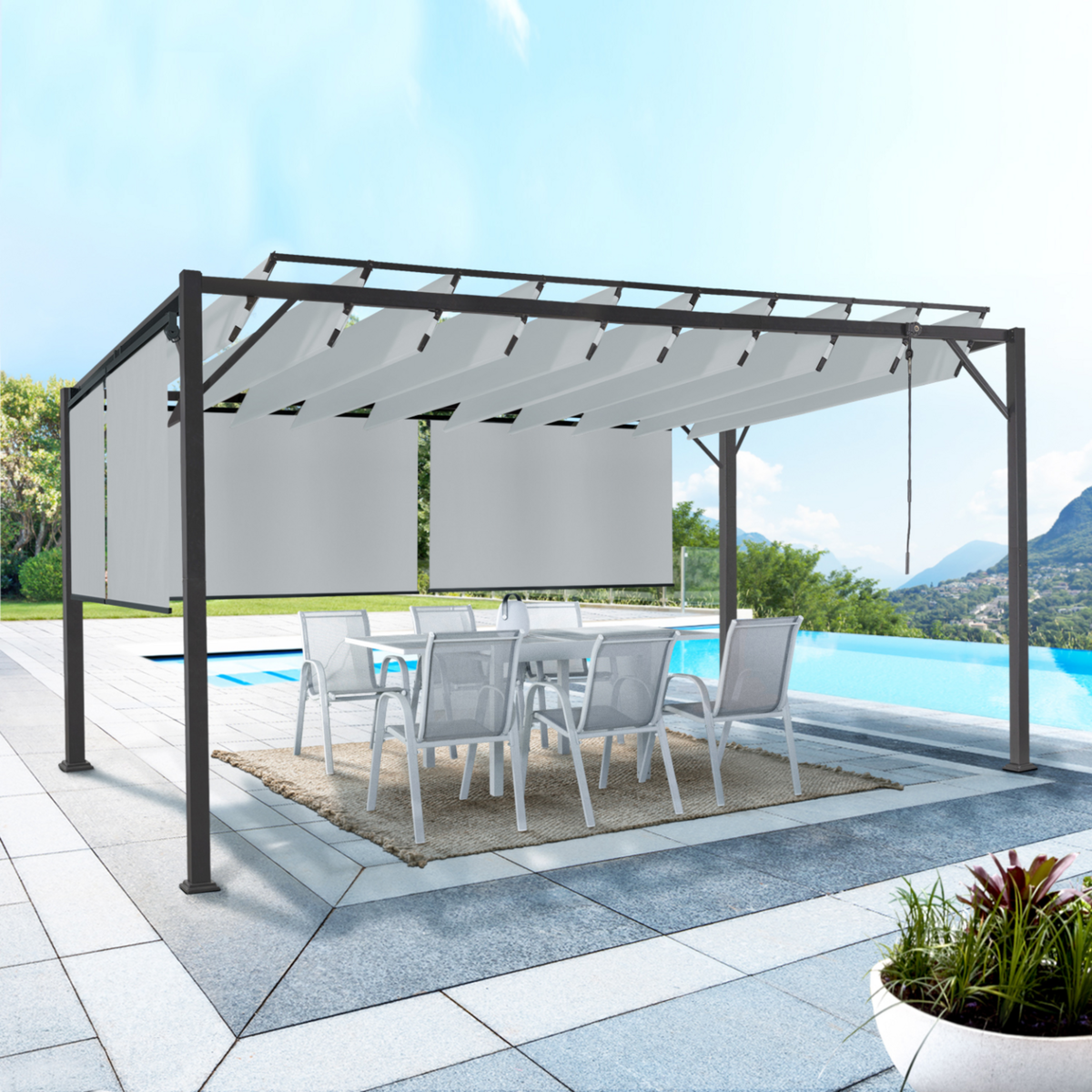 ID MARKET Pergola édition luxe lames orientables 3x4 M et 4 stores gris clair