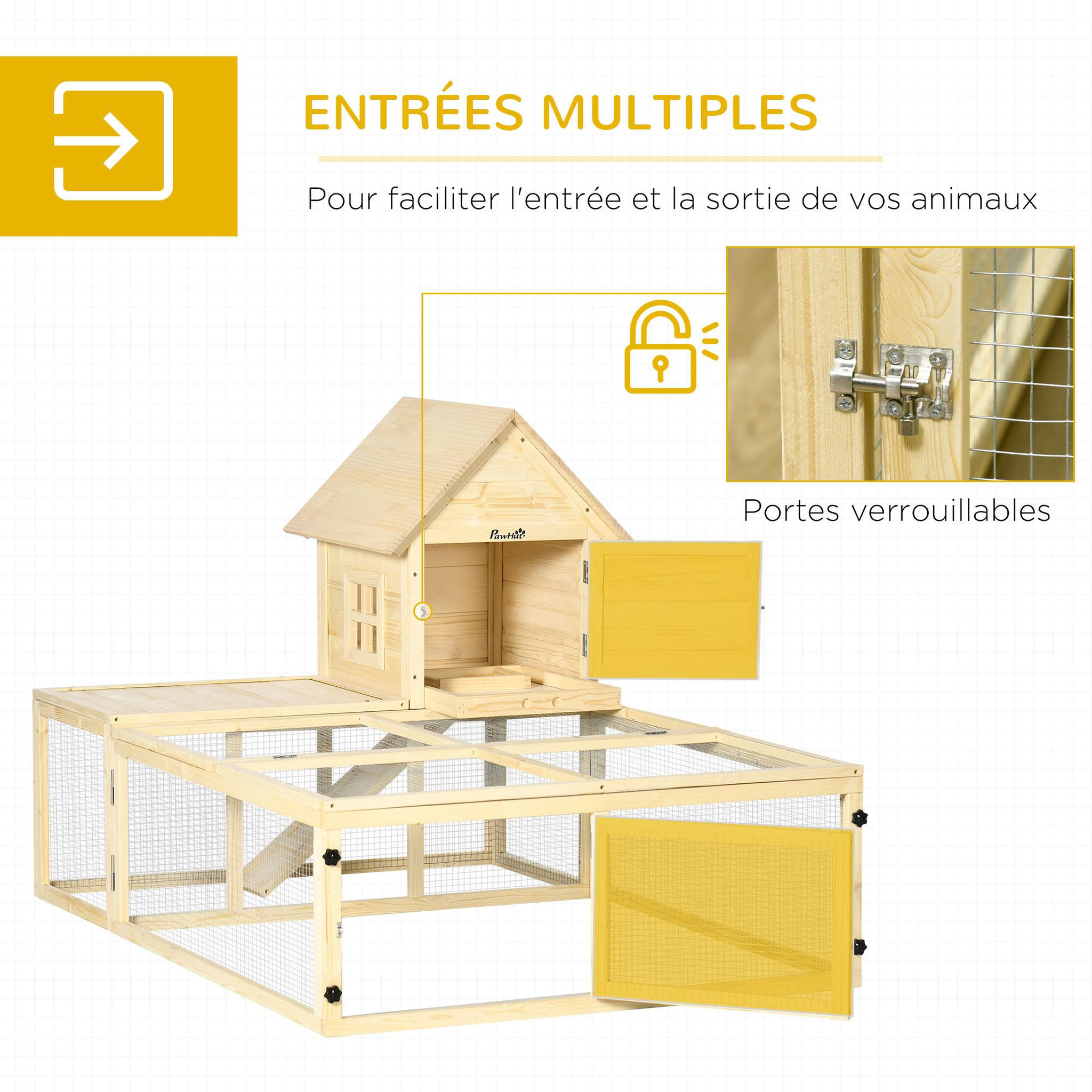 Voir la diapositive 5 : PAWHUT Clapier enclos cage à lapin 2 niveaux dim. 151l x 106l x 97h cm - aire de jeu, rampe, portes verouillables - bois sapin