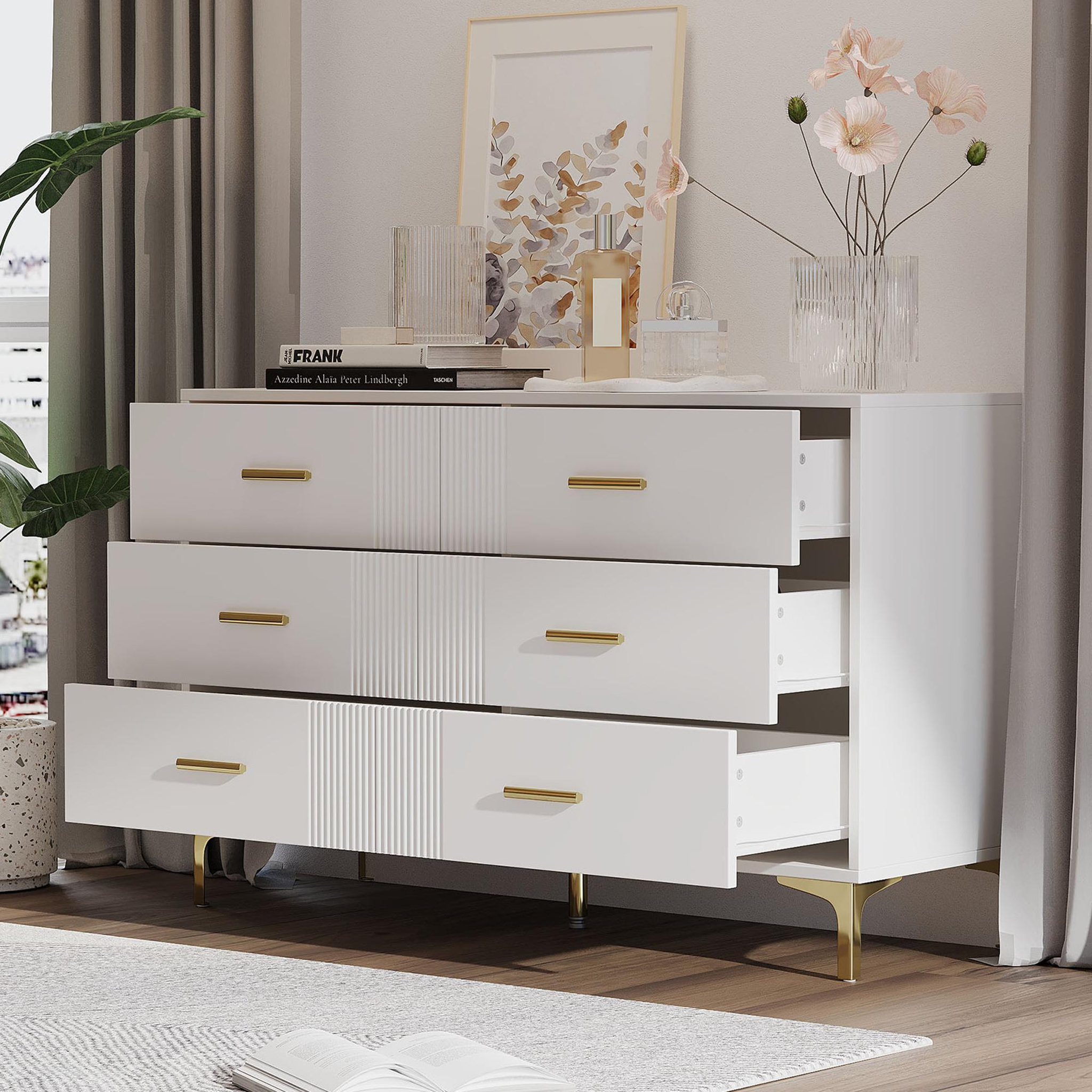 Voir la diapositive 4 : MERAX Commode 6 tiroir(s) 0 niche(s) coloris blanc largeur 120 cm mdf