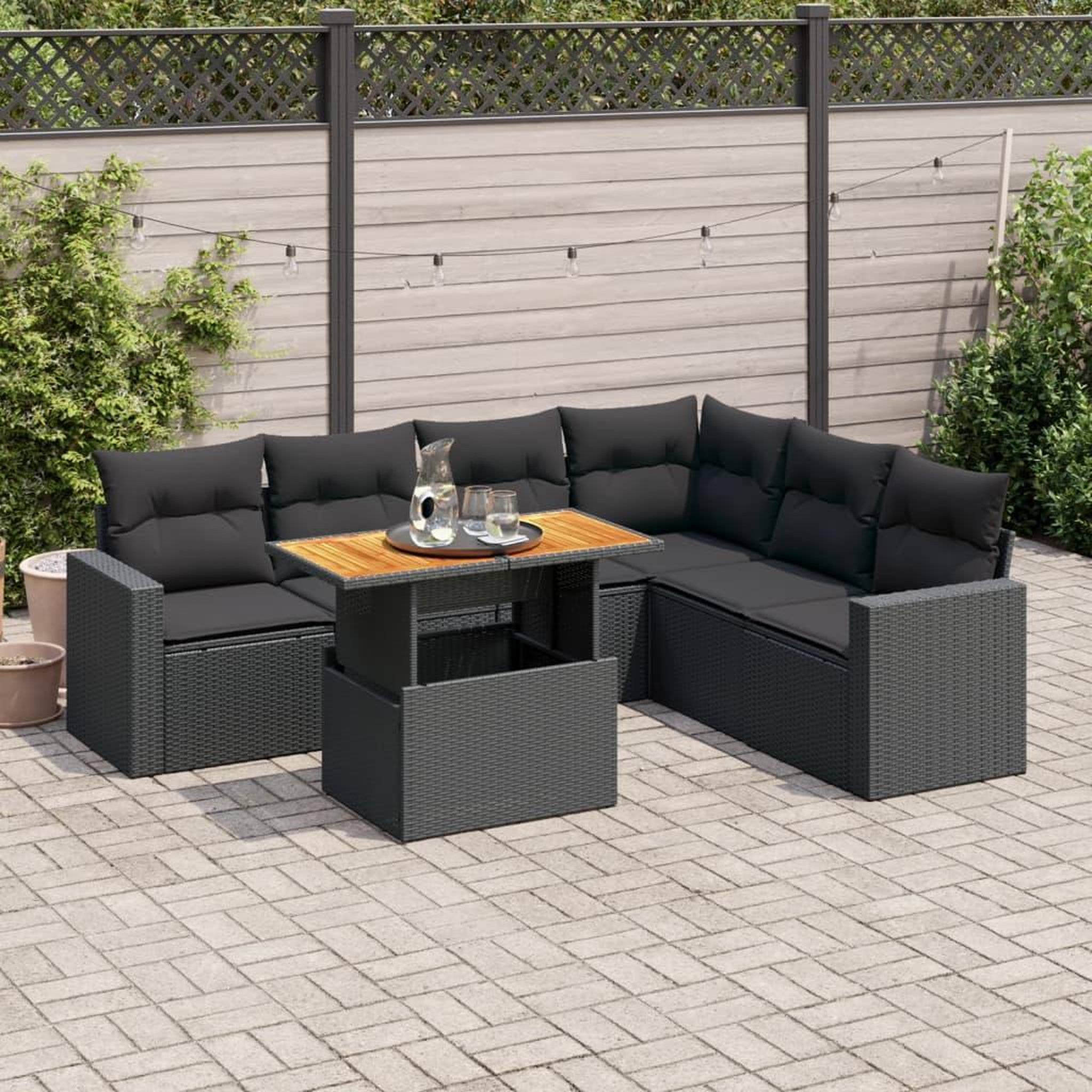 VIDAXL Salon de jardin 7 pcs avec coussins noir resine tressee
