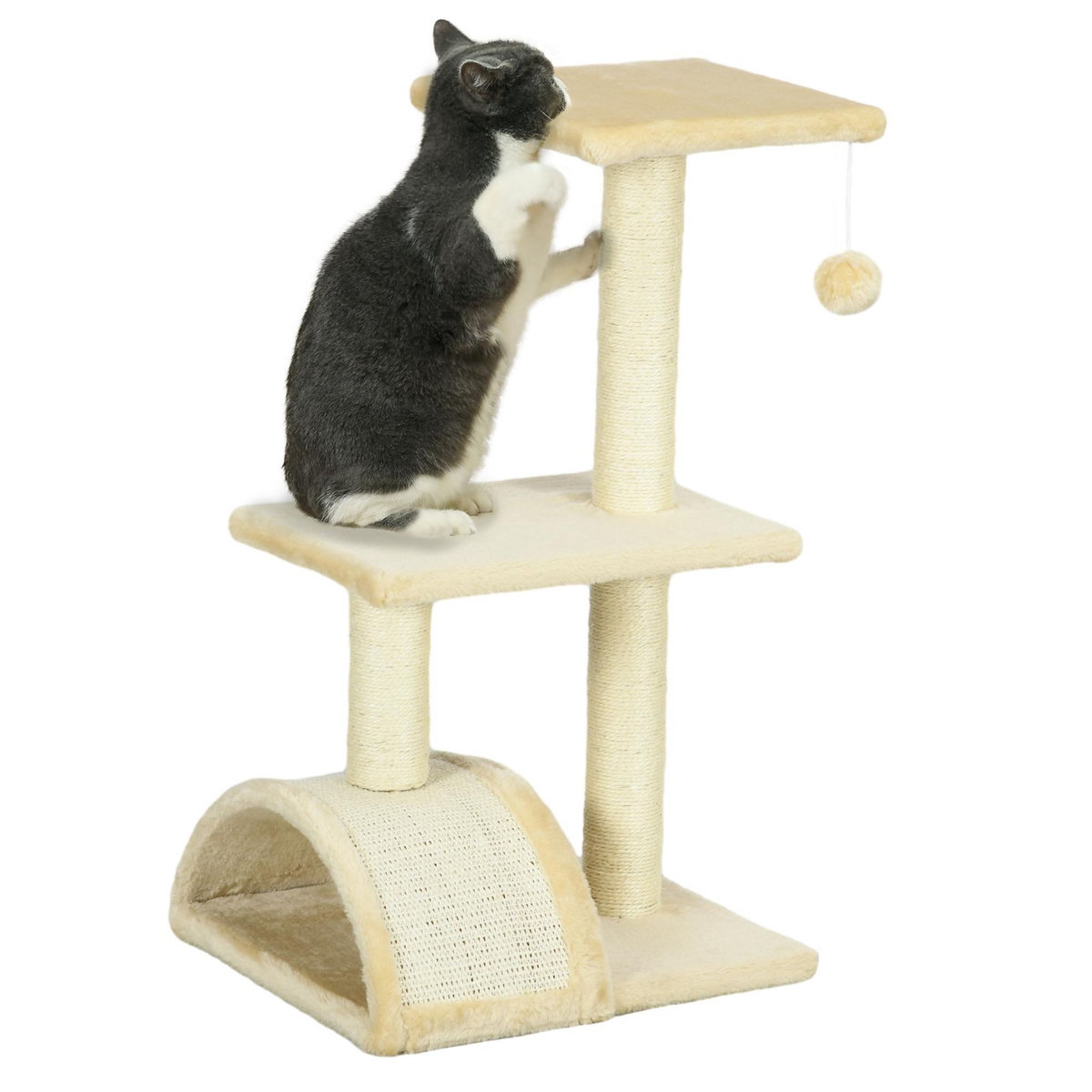 PAWHUT Arbre à chat griffoir grattoir design jeu boule suspendue 2 plateformes peluche sisal naturel crème